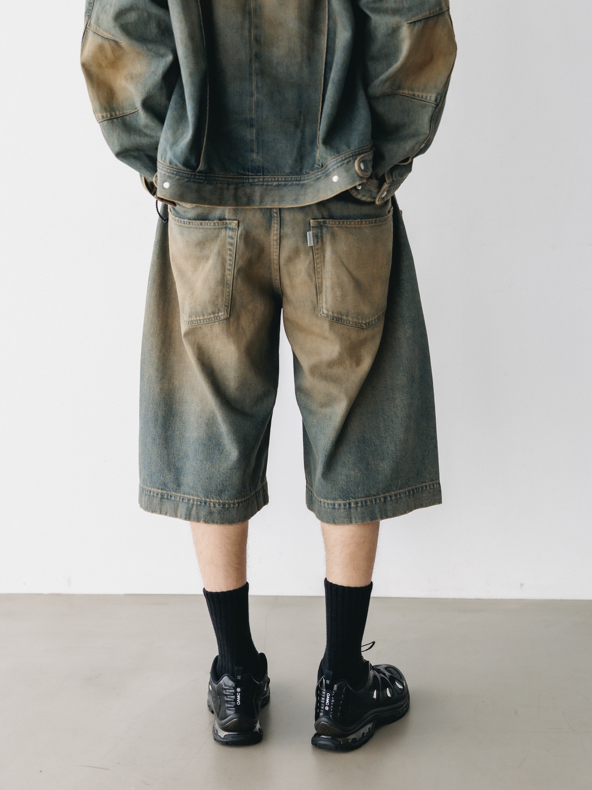 VINTAGE DYED SELVEDGE DENIM CITY BAGGY HALF PANTS (VINTAGE BEIGE)