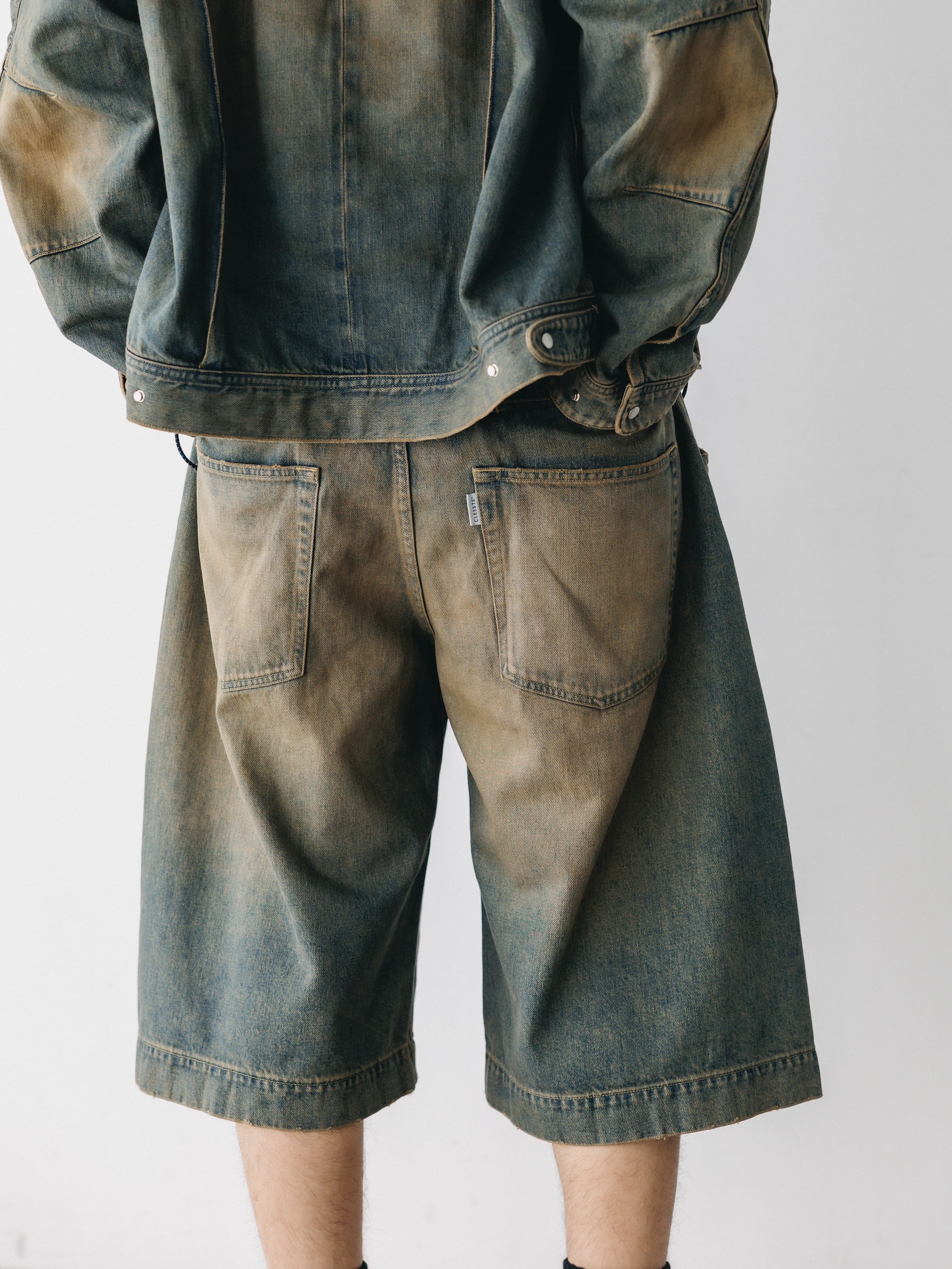 VINTAGE DYED SELVEDGE DENIM CITY BAGGY HALF PANTS (VINTAGE BEIGE)