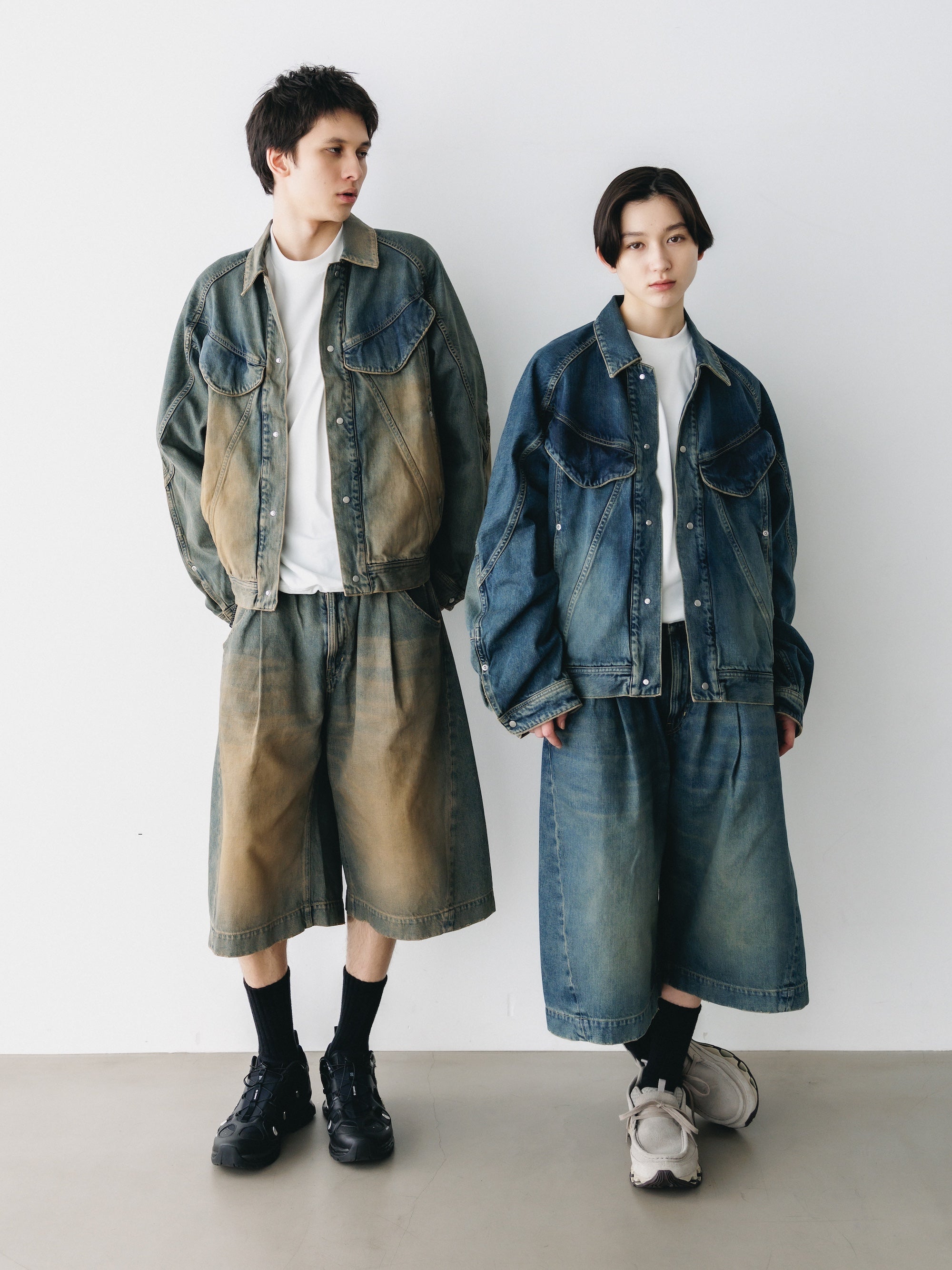 VINTAGE DYED SELVEDGE DENIM CITY BAGGY HALF PANTS (VINTAGE BEIGE)