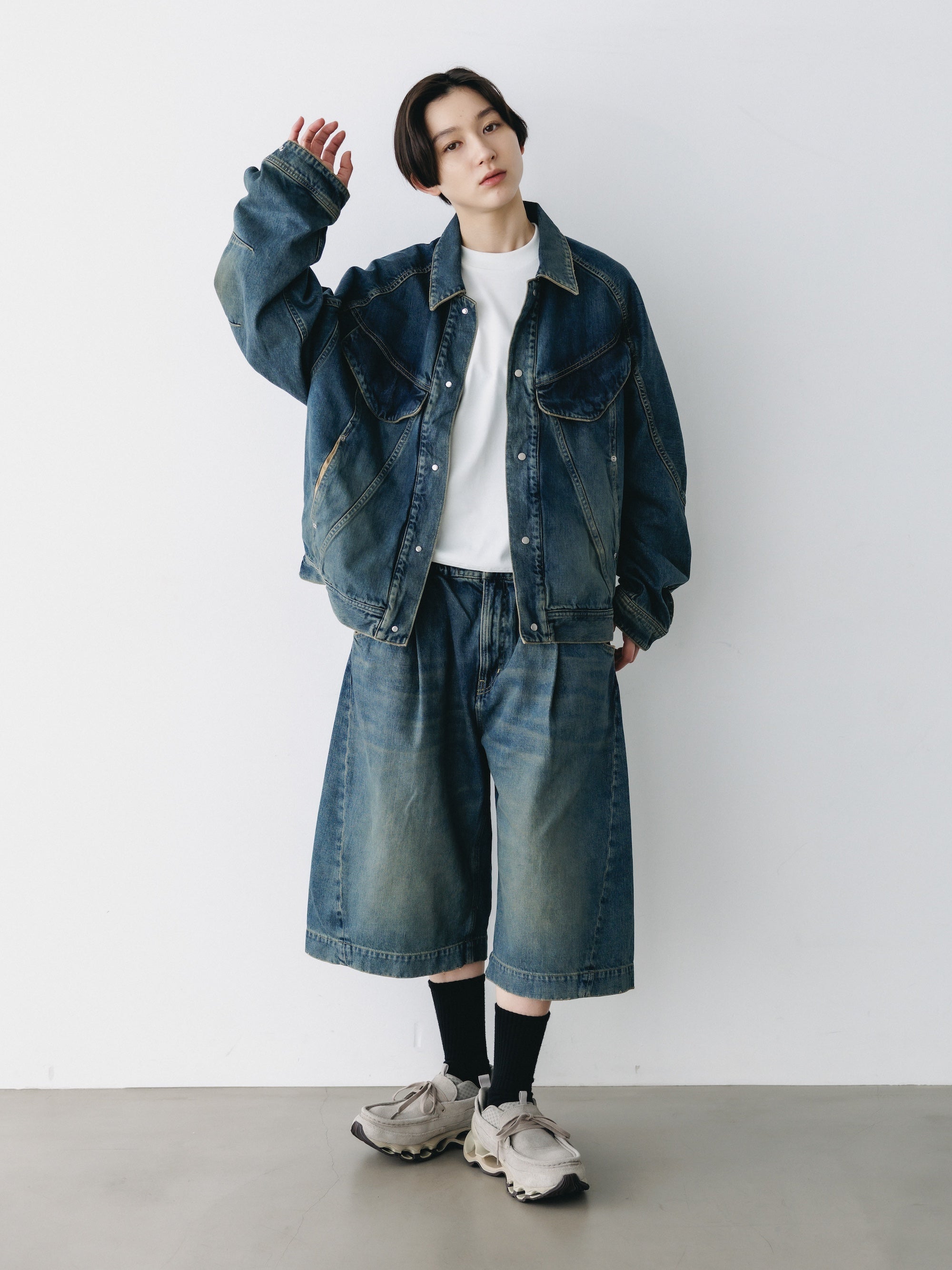 VINTAGE DYED SELVEDGE DENIM CITY BAGGY HALF PANTS (VINTAGE INDIGO)