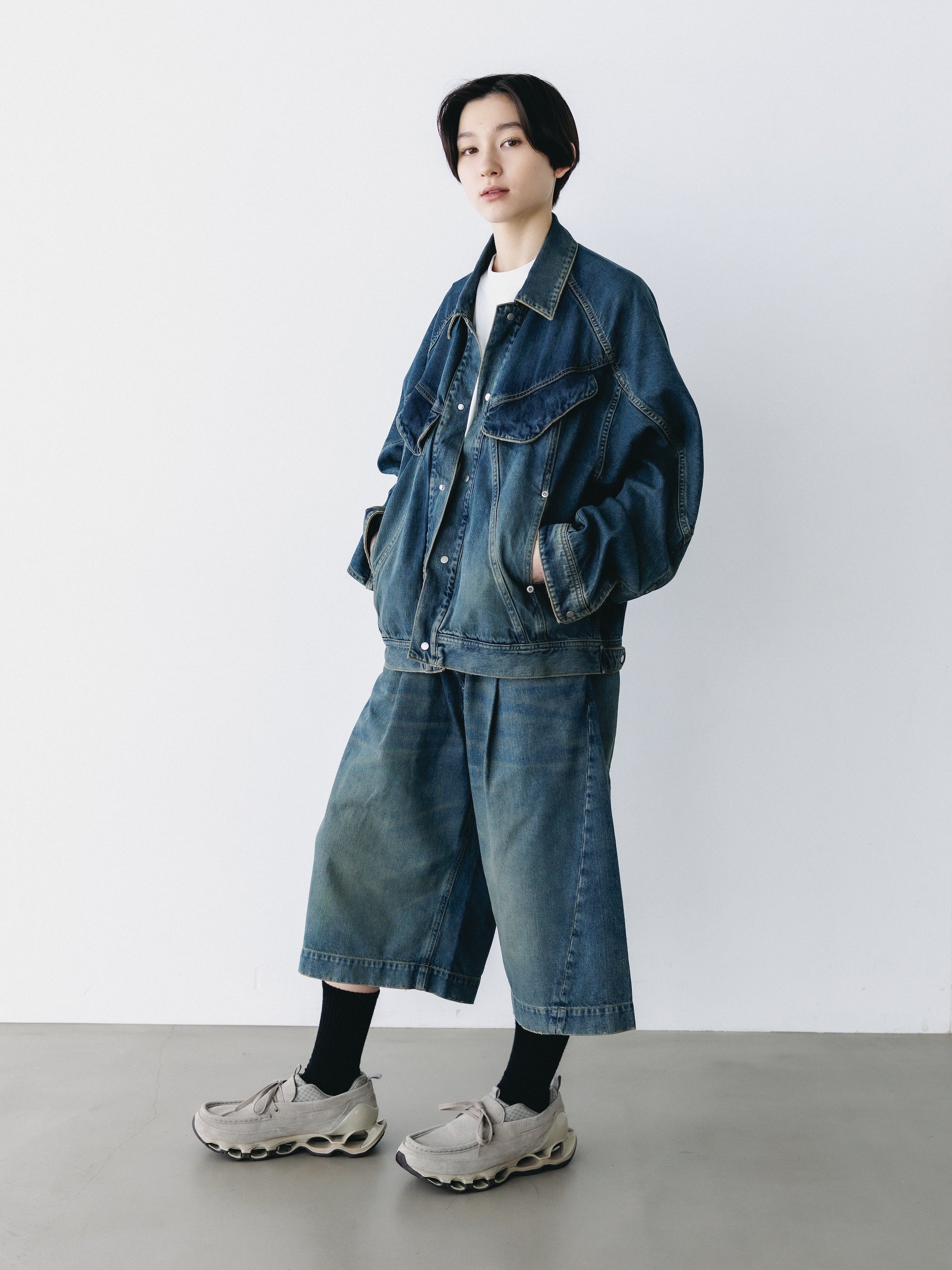 VINTAGE DYED SELVEDGE DENIM CITY BAGGY HALF PANTS (VINTAGE INDIGO)