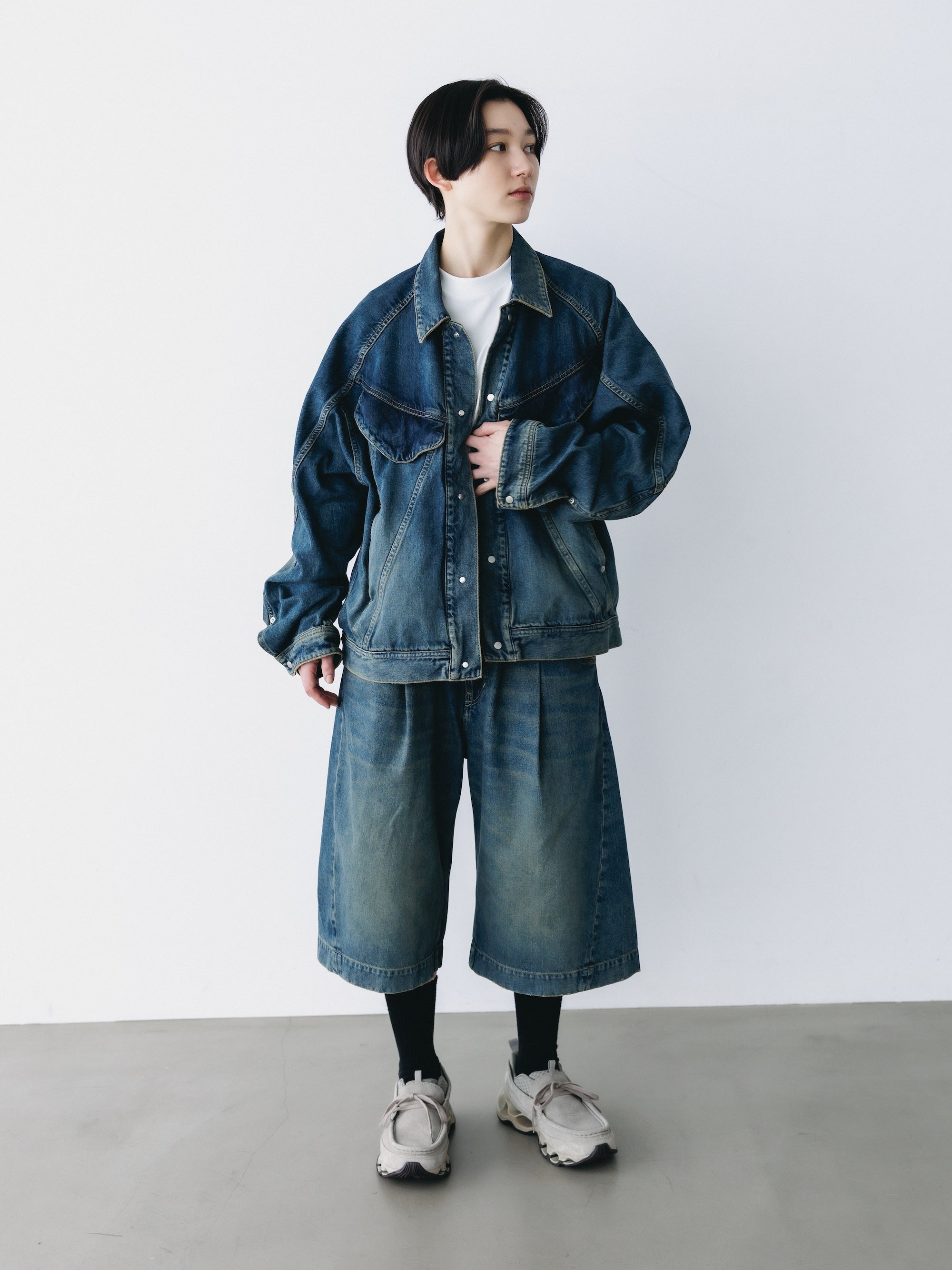 VINTAGE DYED SELVEDGE DENIM CITY BAGGY HALF PANTS (VINTAGE INDIGO)