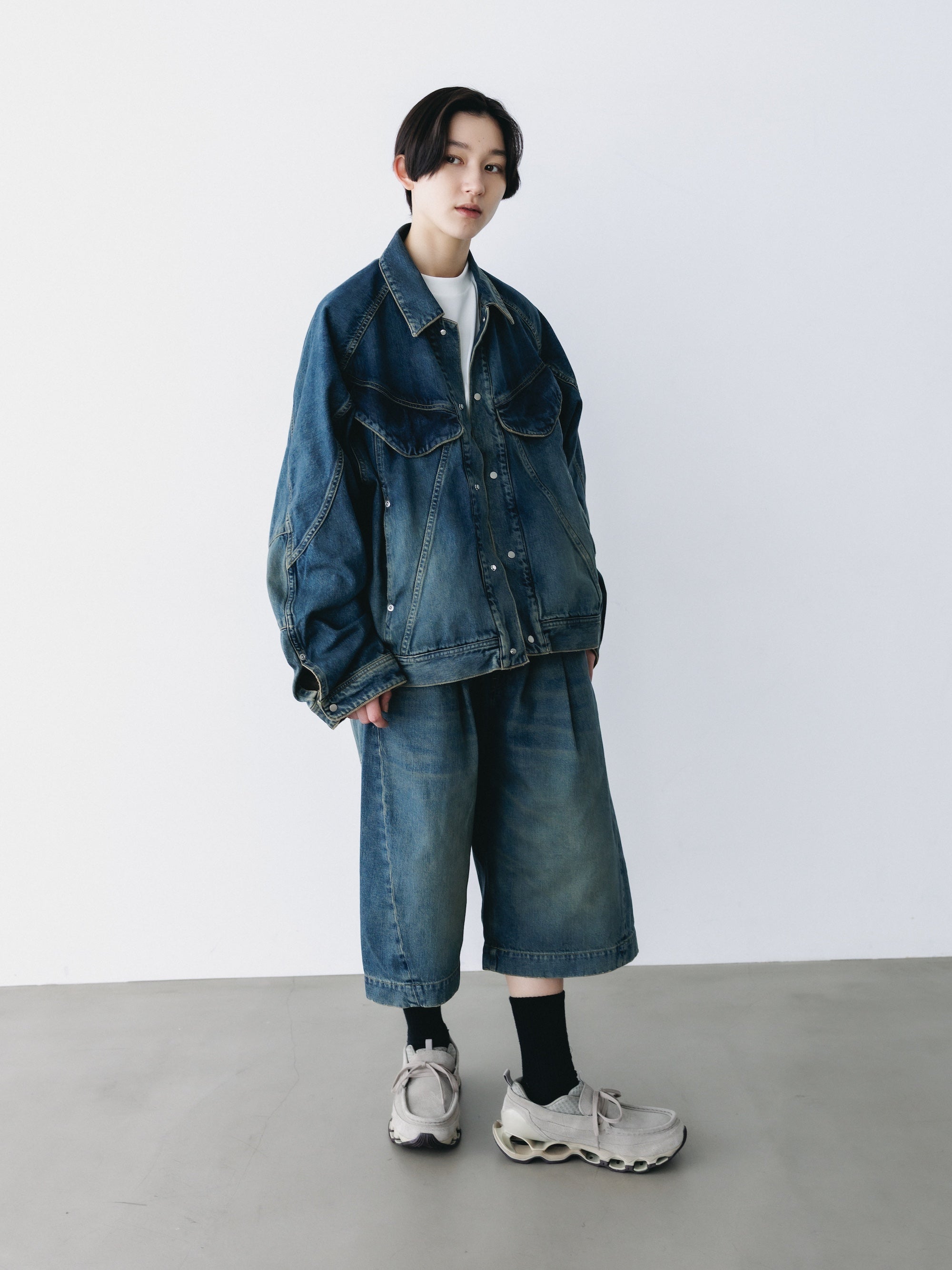 VINTAGE DYED SELVEDGE DENIM CITY BAGGY HALF PANTS (VINTAGE INDIGO)