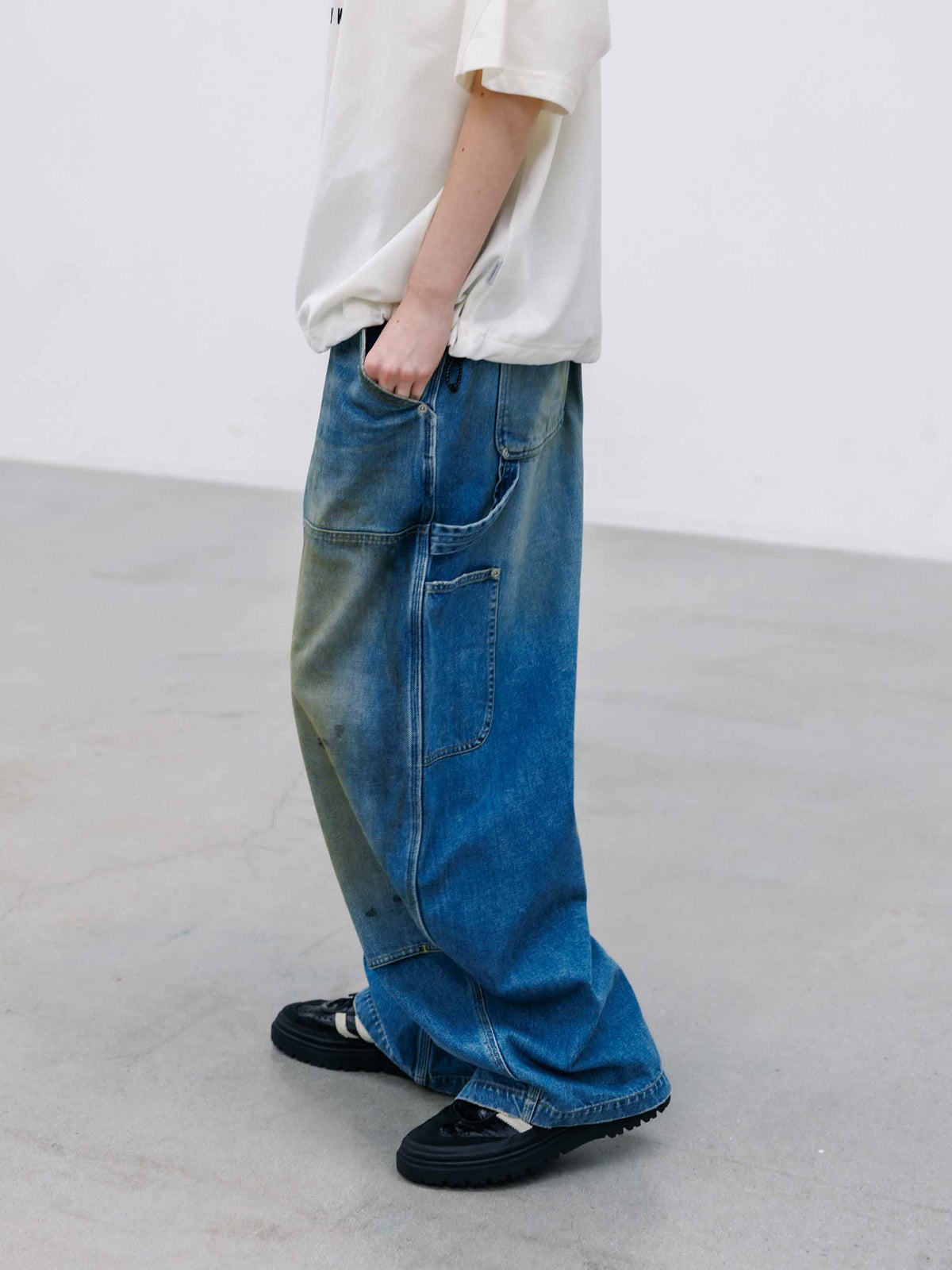 【10.10 SAT 20:00- IN STOCK】 VINTAGE DYED SELVEDGE DENIM DOUBLE KNEE CURVED WORKER PANTS (VINTAGE LIGHT INDIGO)