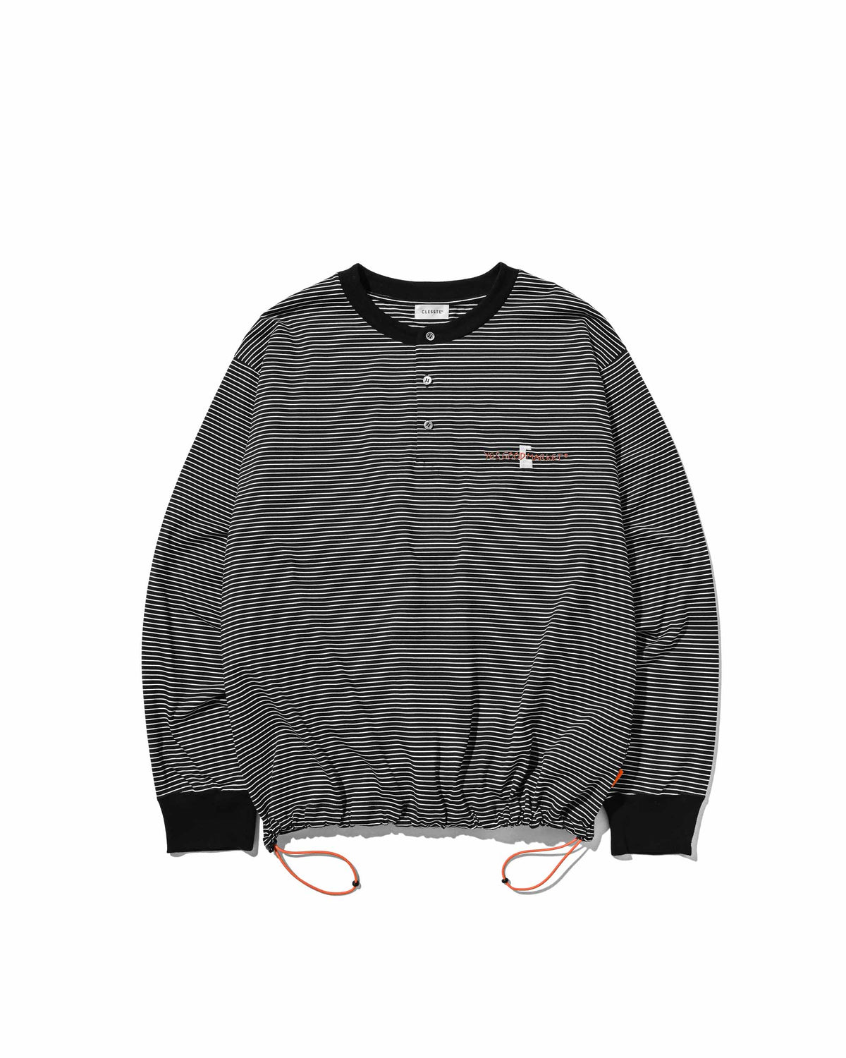 【10.4 SUN 20:00- IN STOCK】【LIMITED】 “C×YES GOOD MARKET" STRIPED HENLEY NECK L/S T-SHIRT WITH DRAWSTRINGS (BLACK)