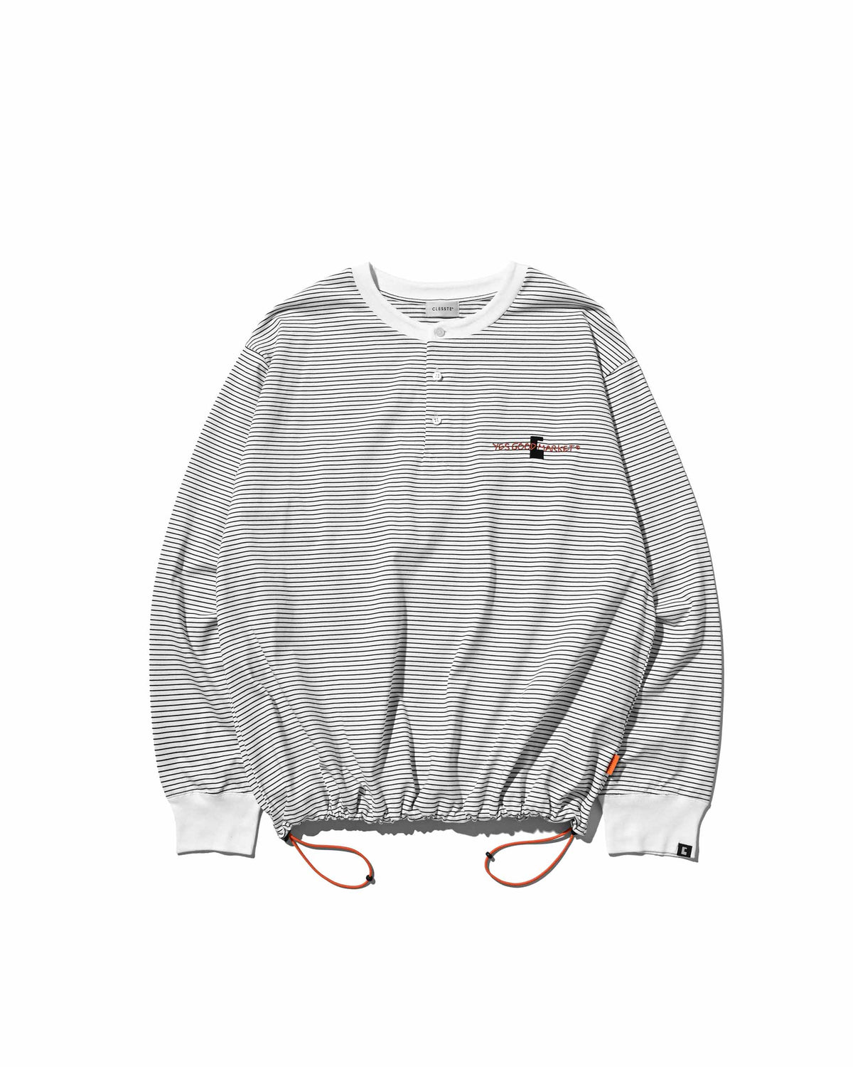 【10.4 SUN 20:00- IN STOCK】【LIMITED】 “C×YES GOOD MARKET" STRIPED HENLEY NECK L/S T-SHIRT WITH DRAWSTRINGS (WHITE)