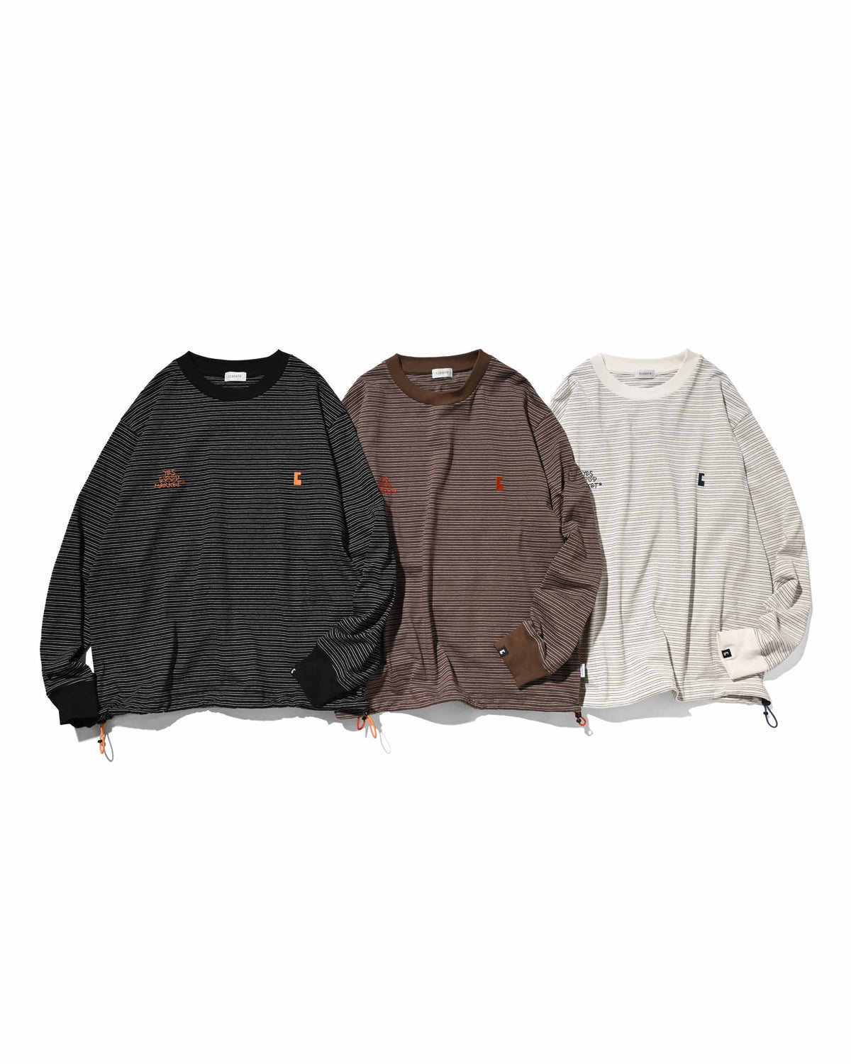 【10.4 SUN 20:00- IN STOCK】【LIMITED】 “YES G♡♡D MARKET" MICRO STRIPED L/S T-SHIRT WITH DRAWSTRINGS (IVORY)