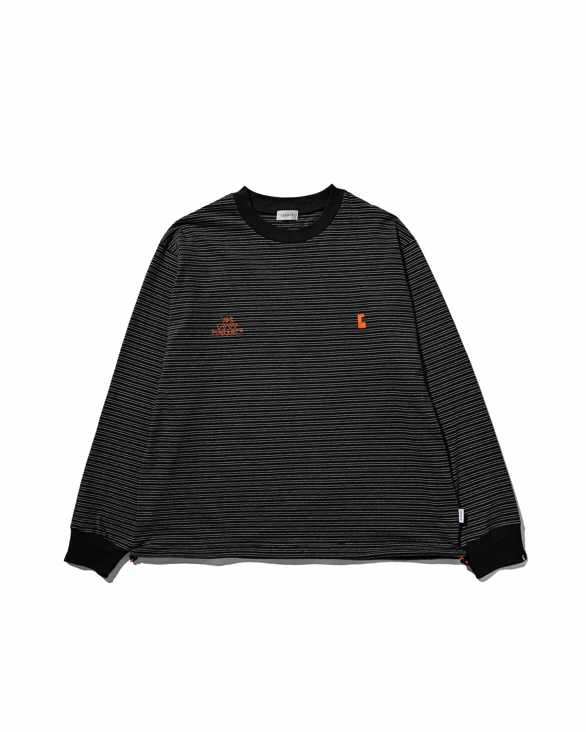 【10.4 SUN 20:00- IN STOCK】【LIMITED】 “YES G♡♡D MARKET" MICRO STRIPED L/S T-SHIRT WITH DRAWSTRINGS (BLACK)