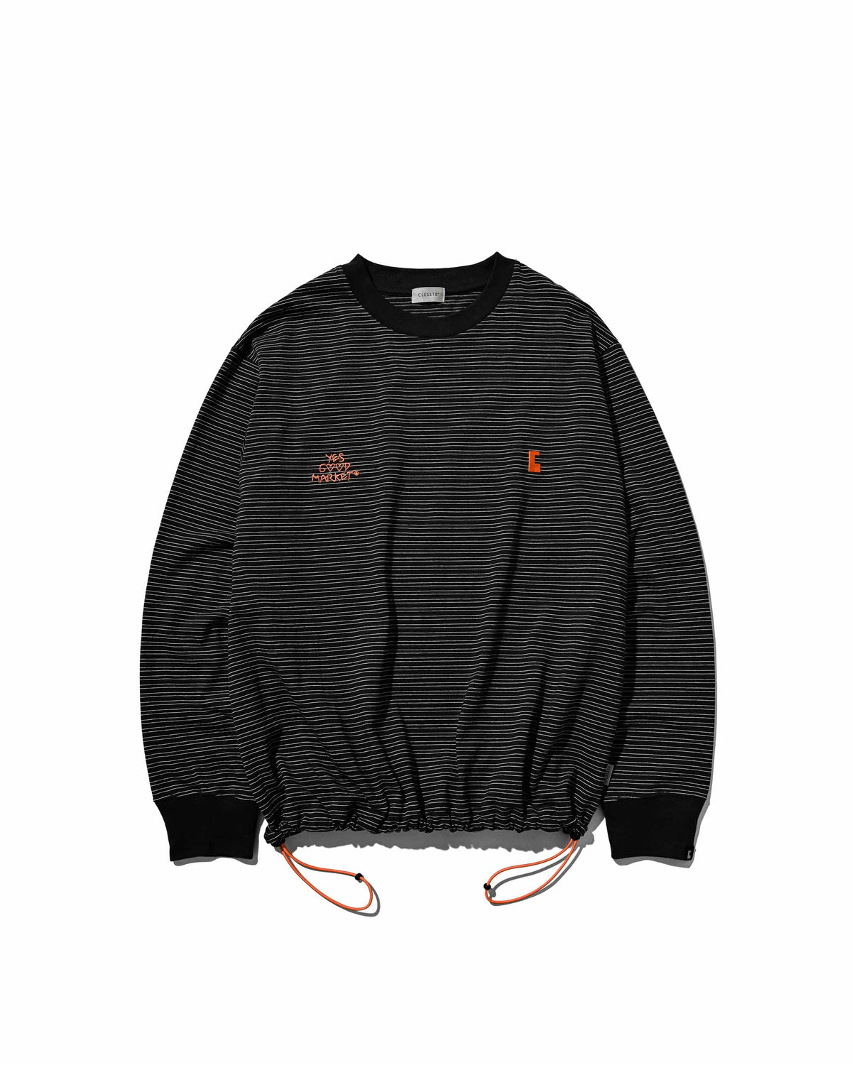 【10.4 SUN 20:00- IN STOCK】【LIMITED】 “YES G♡♡D MARKET" MICRO STRIPED L/S T-SHIRT WITH DRAWSTRINGS (BLACK)