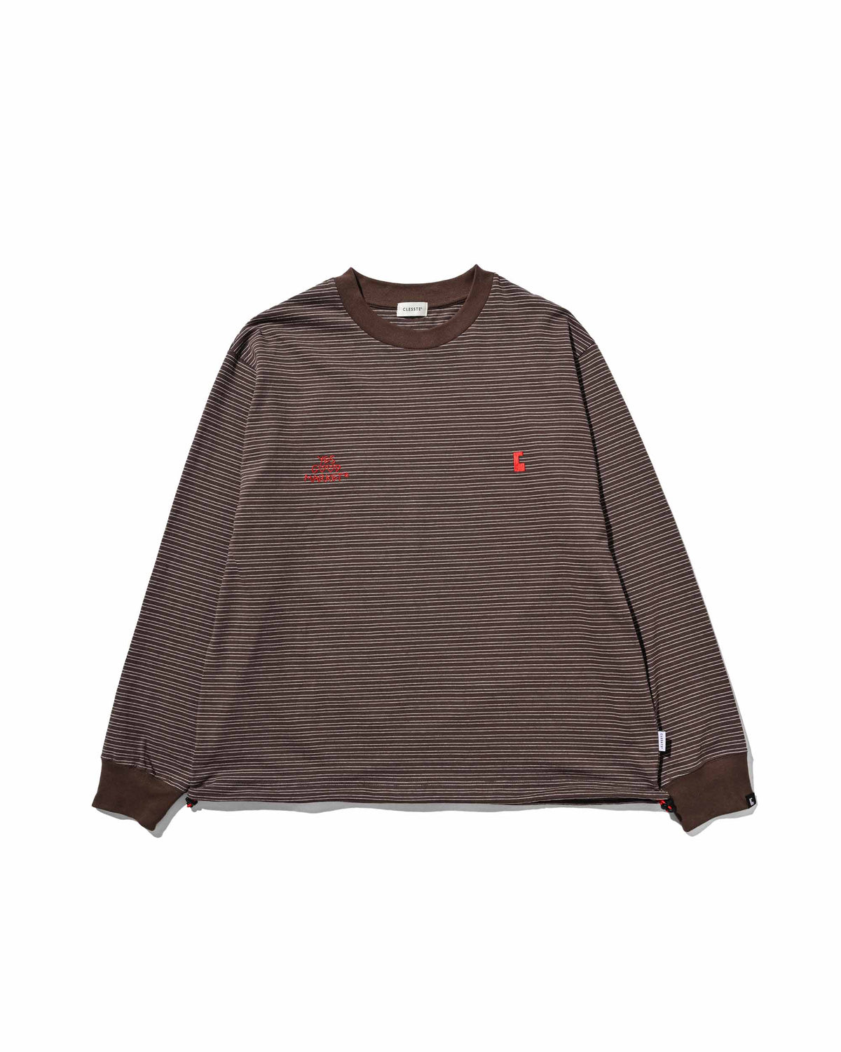 【10.4 SUN 20:00- IN STOCK】【LIMITED】 “YES G♡♡D MARKET" MICRO STRIPED L/S T-SHIRT WITH DRAWSTRINGS (BROWN)