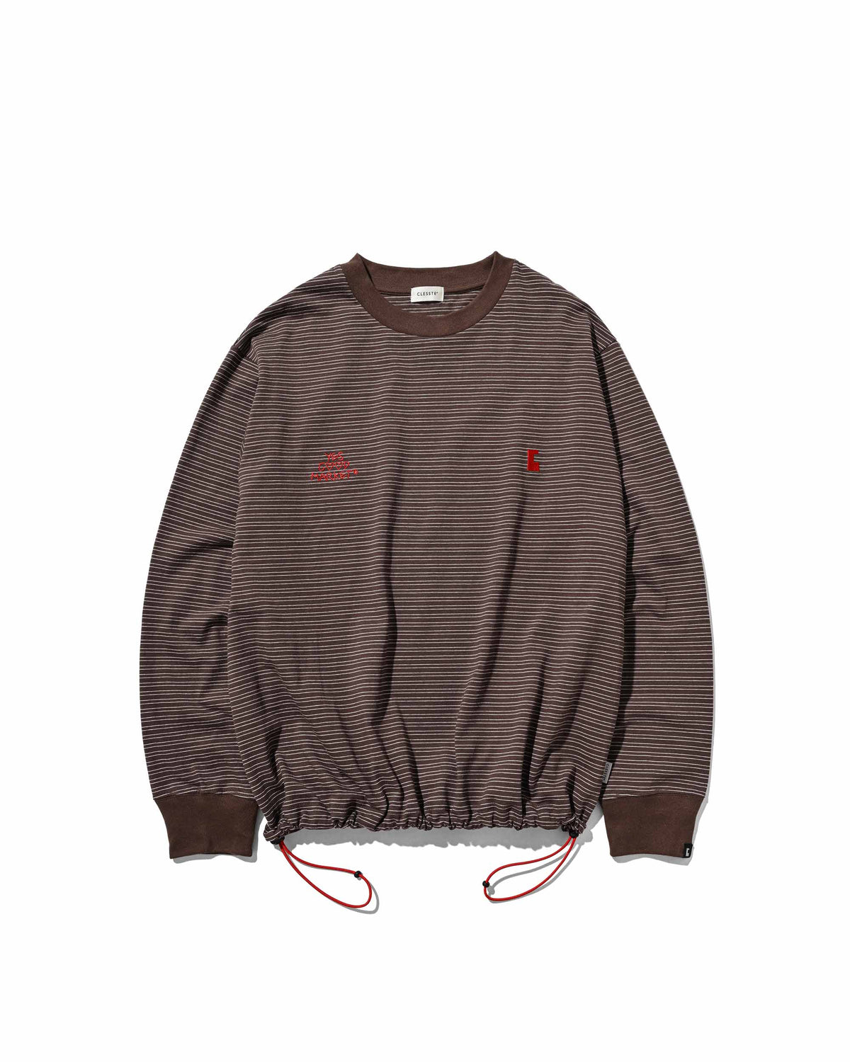 【10.4 SUN 20:00- IN STOCK】【LIMITED】 “YES G♡♡D MARKET" MICRO STRIPED L/S T-SHIRT WITH DRAWSTRINGS (BROWN)