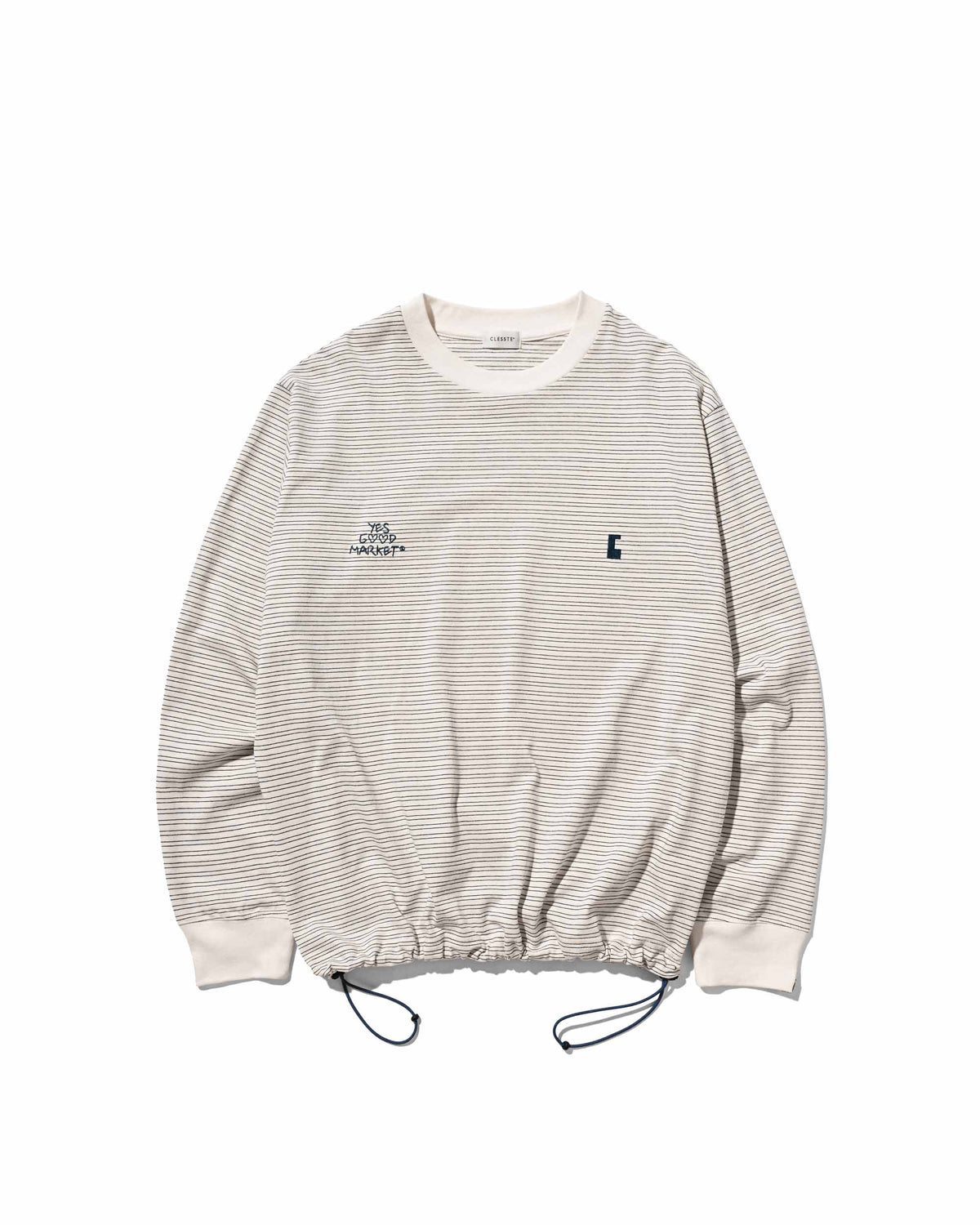 【10.4 SUN 20:00- IN STOCK】【LIMITED】 “YES G♡♡D MARKET" MICRO STRIPED L/S T-SHIRT WITH DRAWSTRINGS (IVORY)