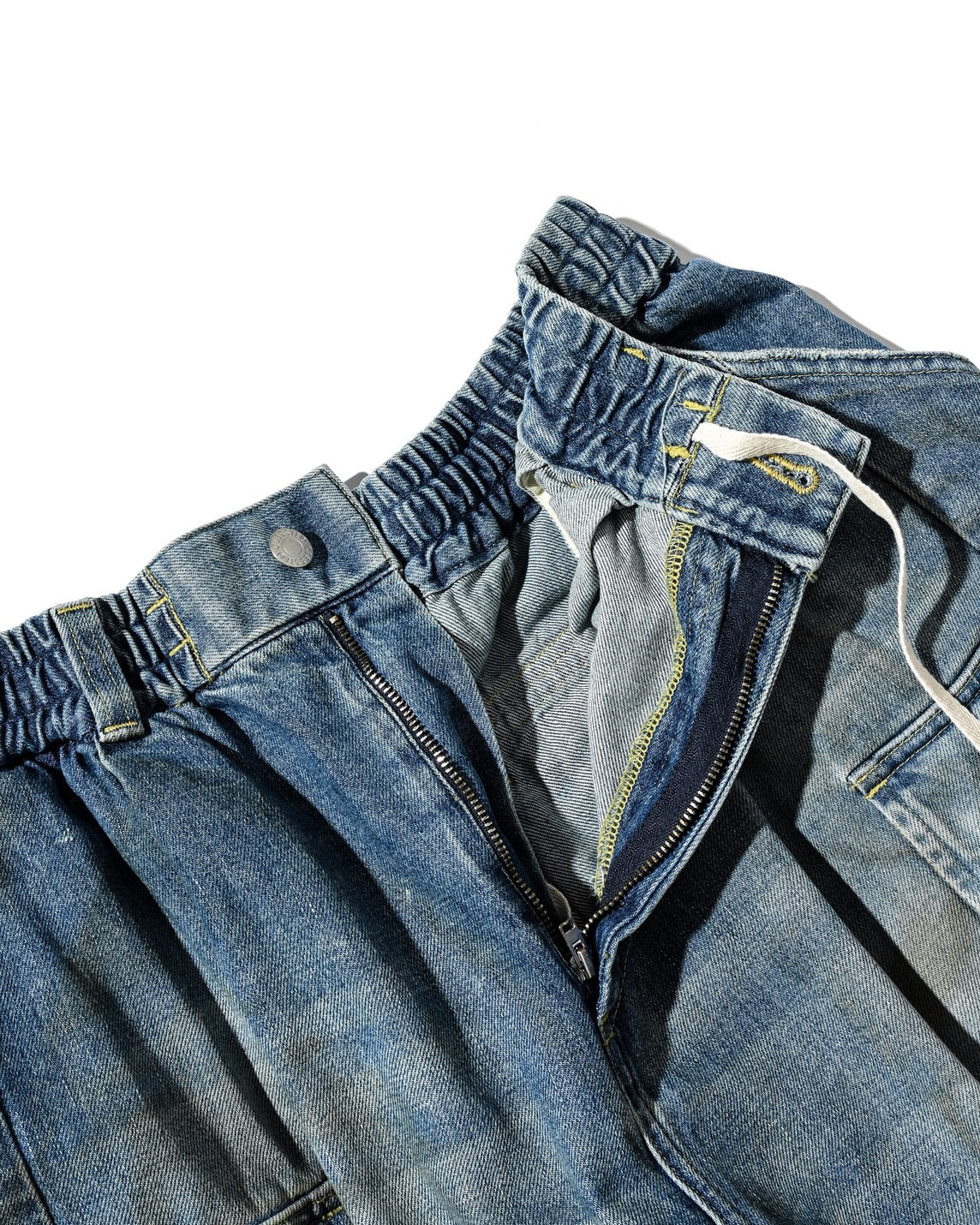 VINTAGE DYED SELVEDGE DENIM CITY MEGA POCKET BALLOON CARGO HALF PANTS (VINTAGE LIGHT INDIGO)