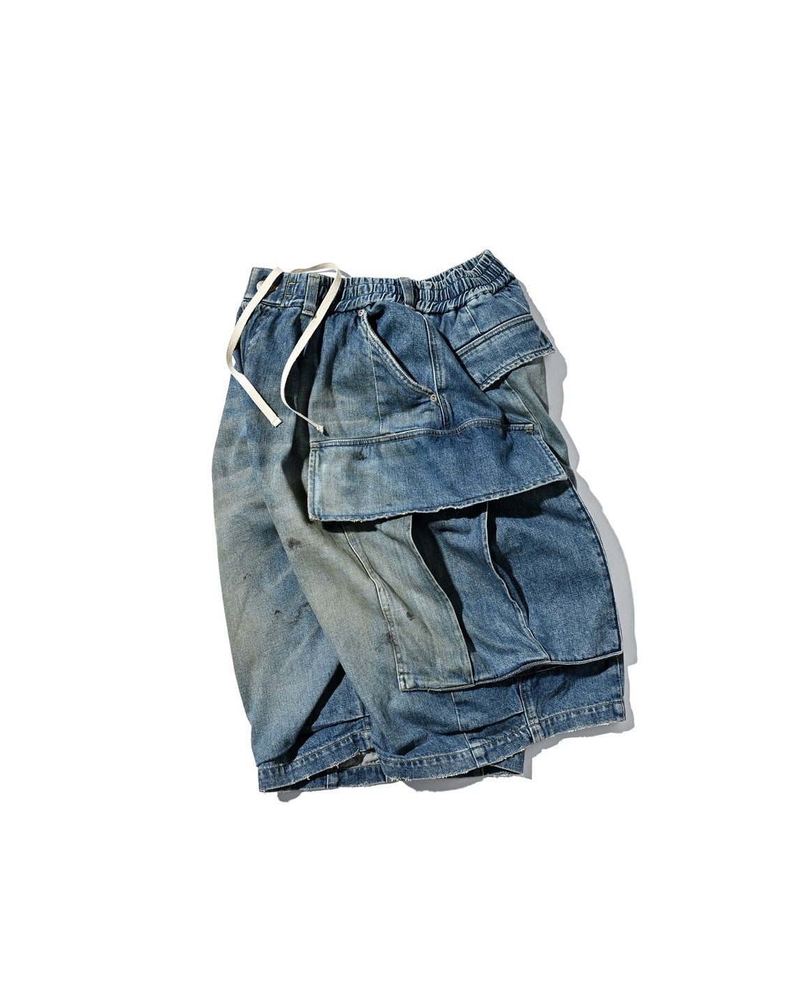 VINTAGE DYED SELVEDGE DENIM CITY MEGA POCKET BALLOON CARGO HALF PANTS (VINTAGE LIGHT INDIGO)