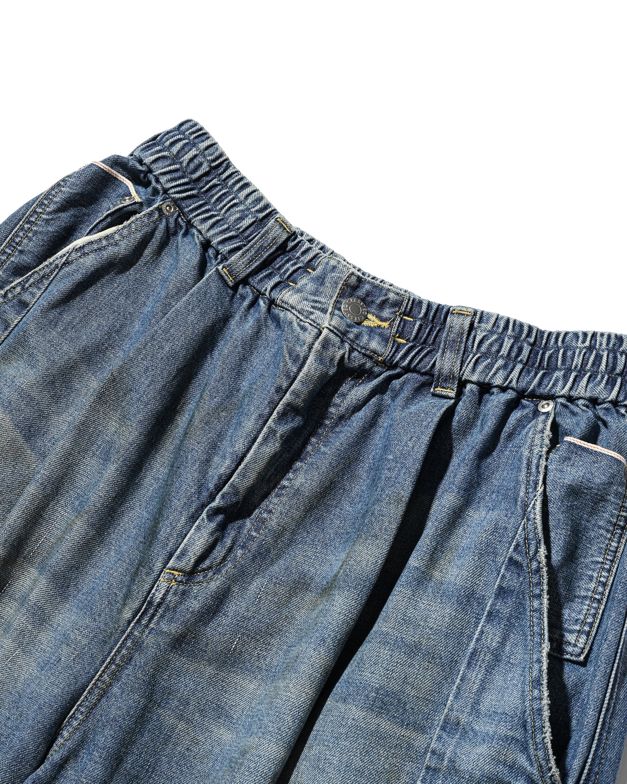 VINTAGE DYED SELVEDGE DENIM CITY MEGA POCKET BALLOON CARGO PANTS (VINTAGE LIGHT INDIGO)