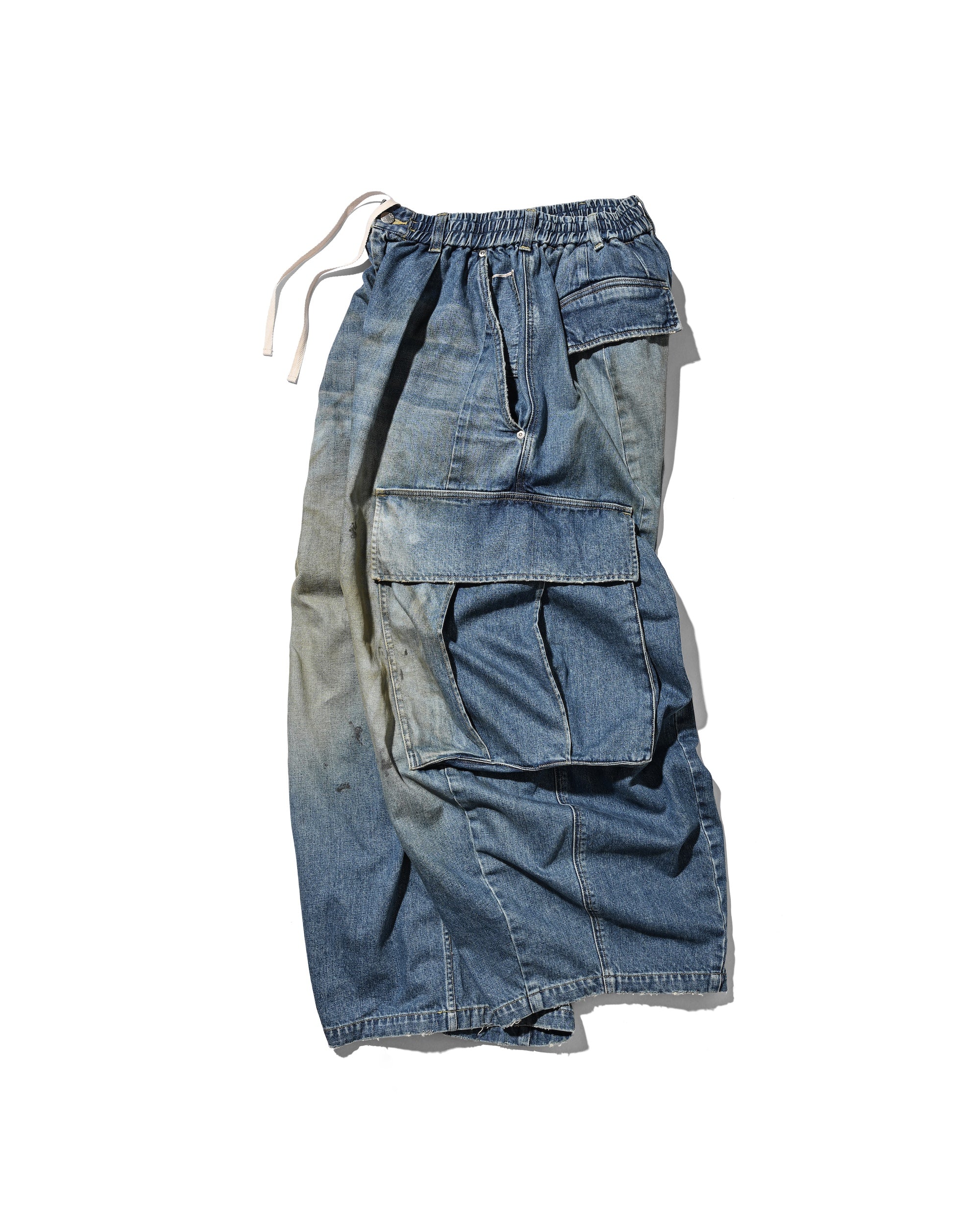 VINTAGE DYED SELVEDGE DENIM CITY MEGA POCKET BALLOON CARGO PANTS (VINTAGE LIGHT INDIGO)