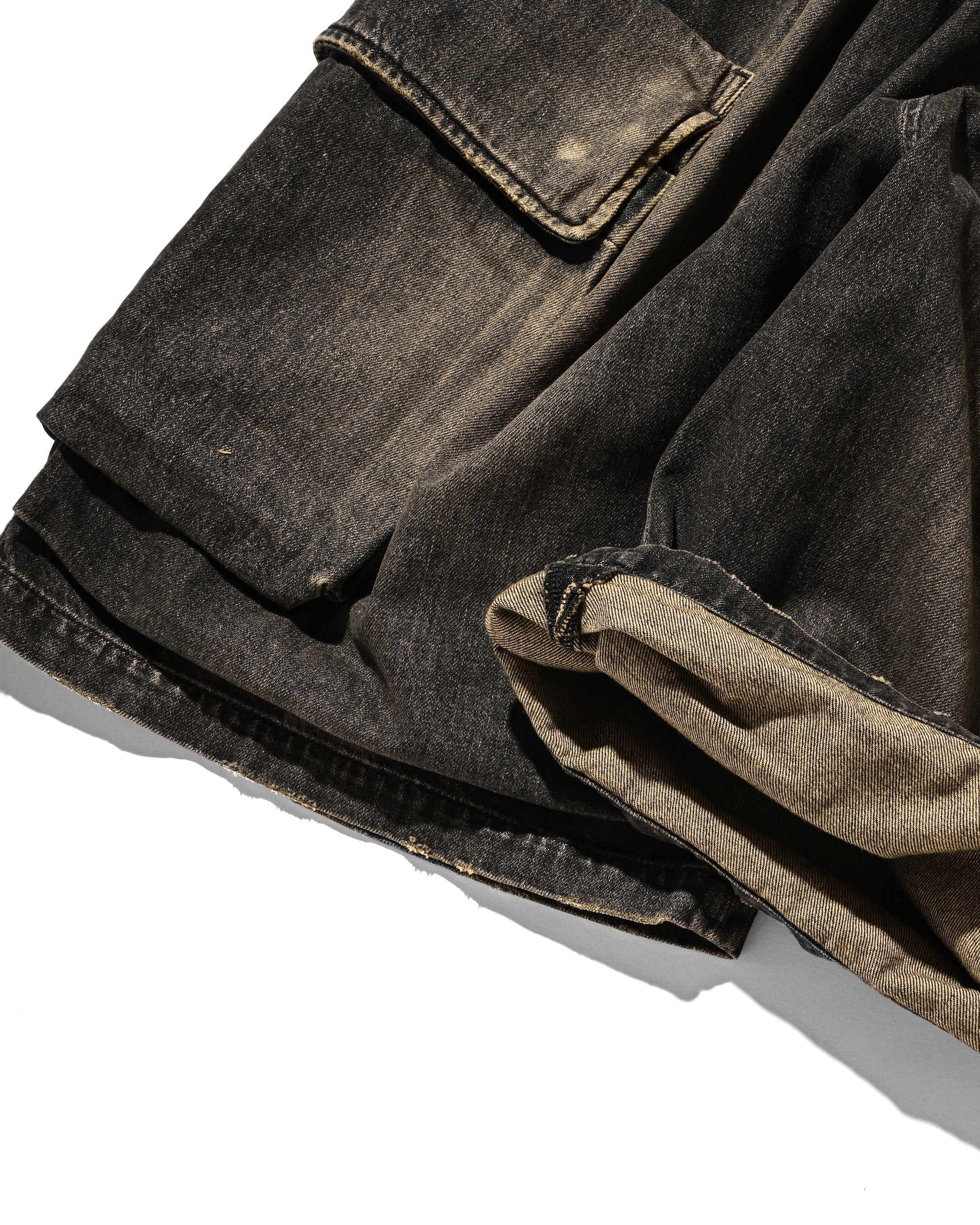 VINTAGE DYED SELVEDGE DENIM CITY MILITARY HALF PANTS (VINTAGE BLACK)