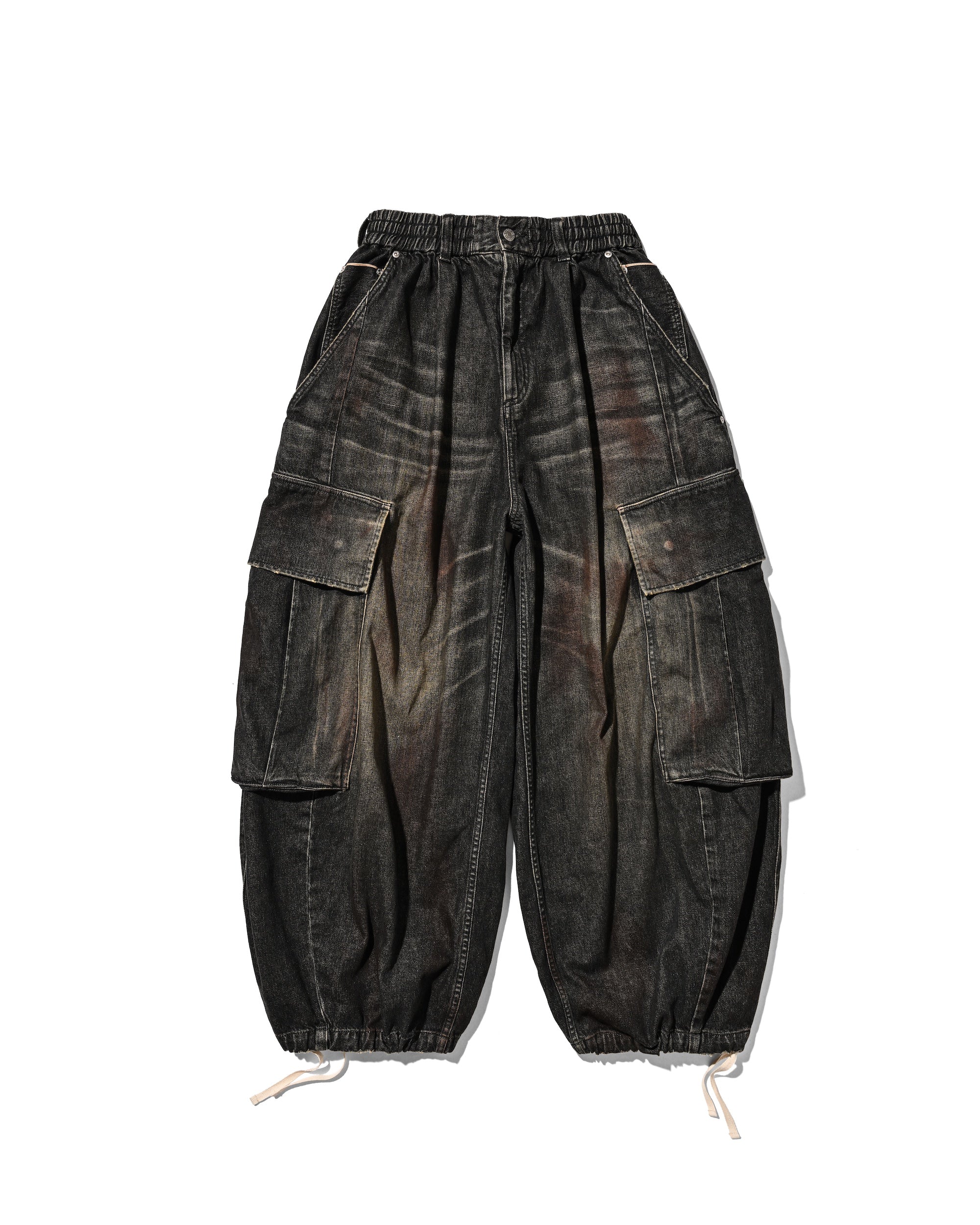 VINTAGE DYED SELVEDGE DENIM CITY MEGA POCKET BALLOON CARGO PANTS (VINTAGE BLACK)