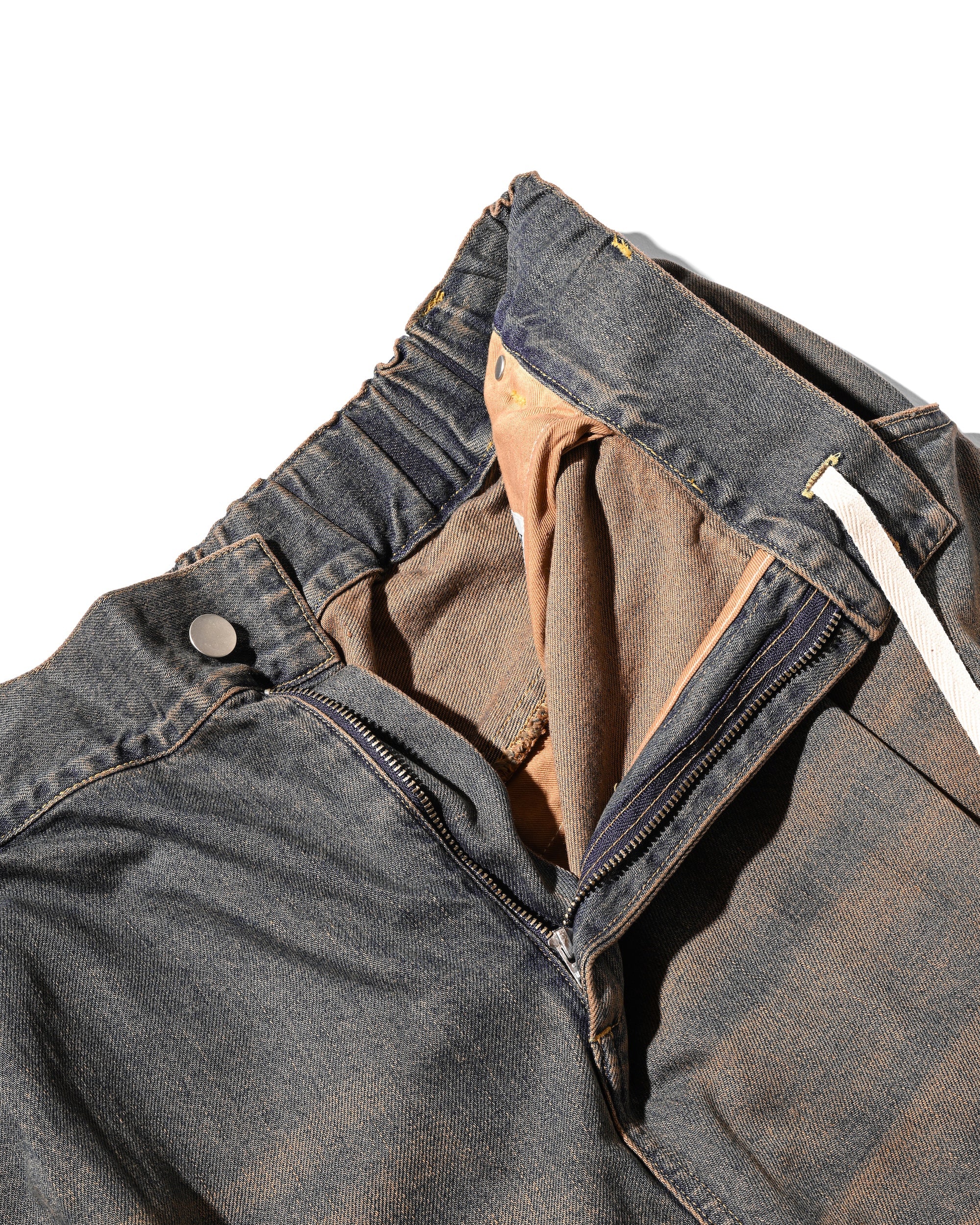 【10.1 WED 20:00- IN STOCK】VINTAGE DYED SELVEDGE DENIM BARREL LEG PANTS (VINTAGE BROWN)