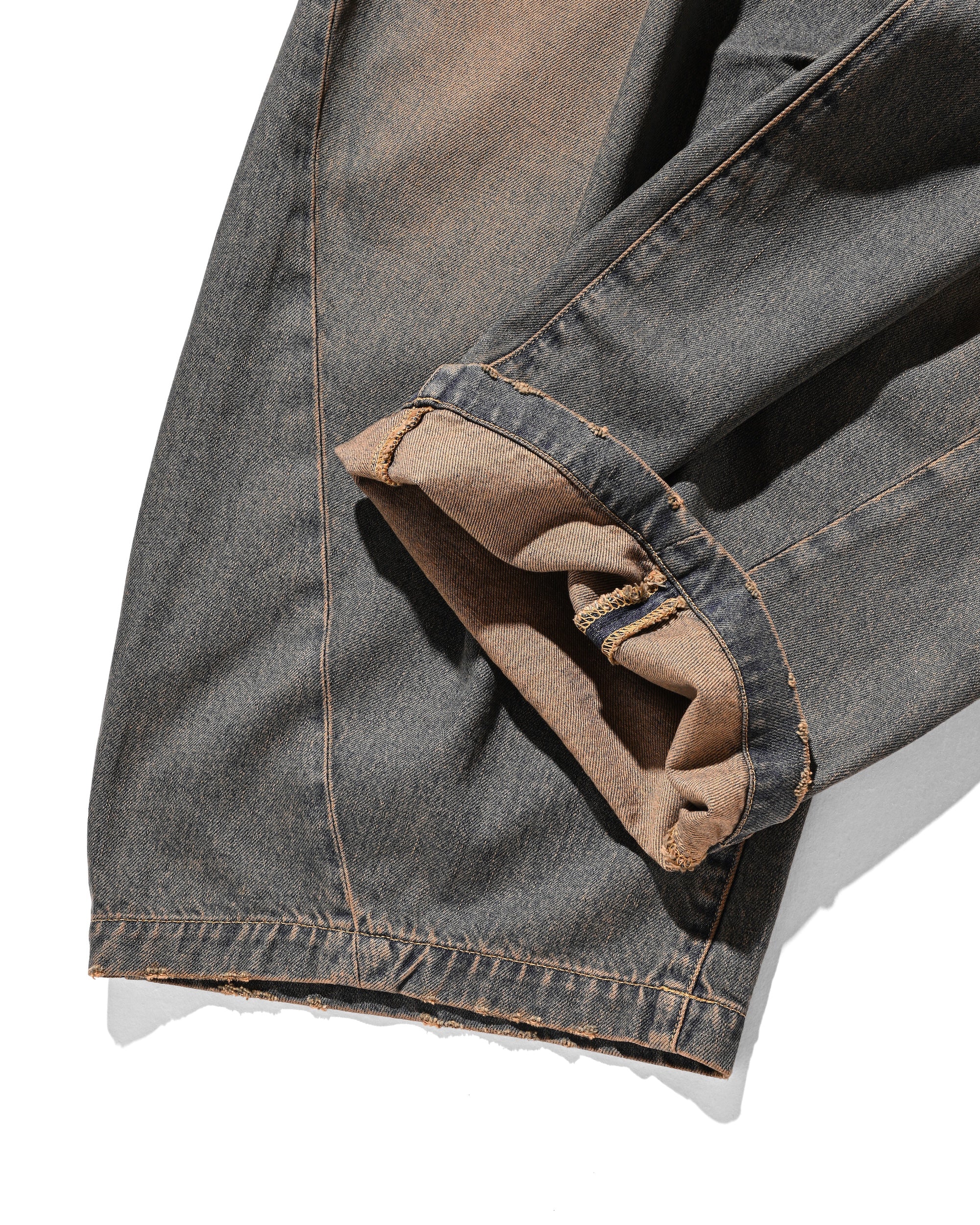 【10.1 WED 20:00- IN STOCK】VINTAGE DYED SELVEDGE DENIM BARREL LEG PANTS (VINTAGE BROWN)