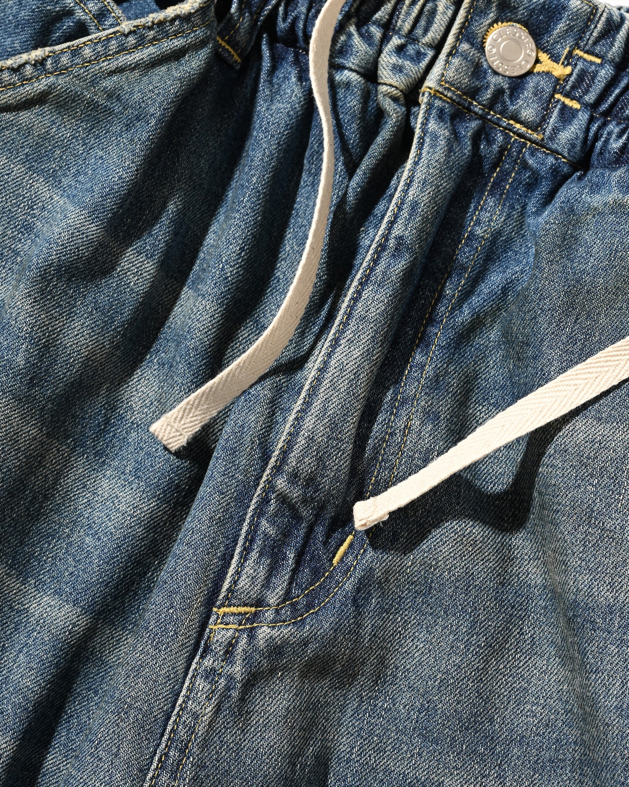 VINTAGE DYED SELVEDGE DENIM DOUBLE KNEE CURVED WORKER PANTS (VINTAGE LIGHT INDIGO)