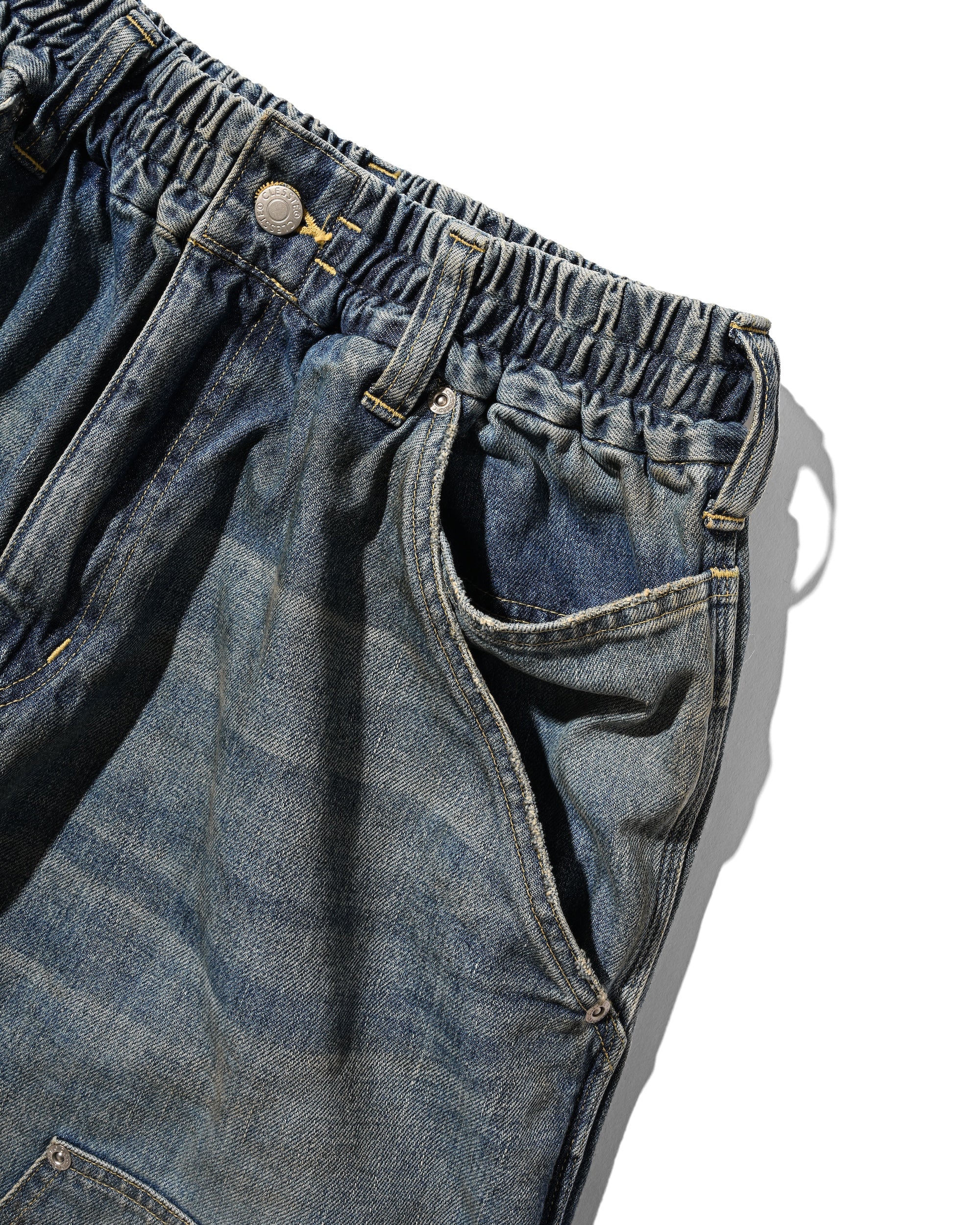 VINTAGE DYED SELVEDGE DENIM DOUBLE KNEE CURVED WORKER PANTS (VINTAGE LIGHT INDIGO)