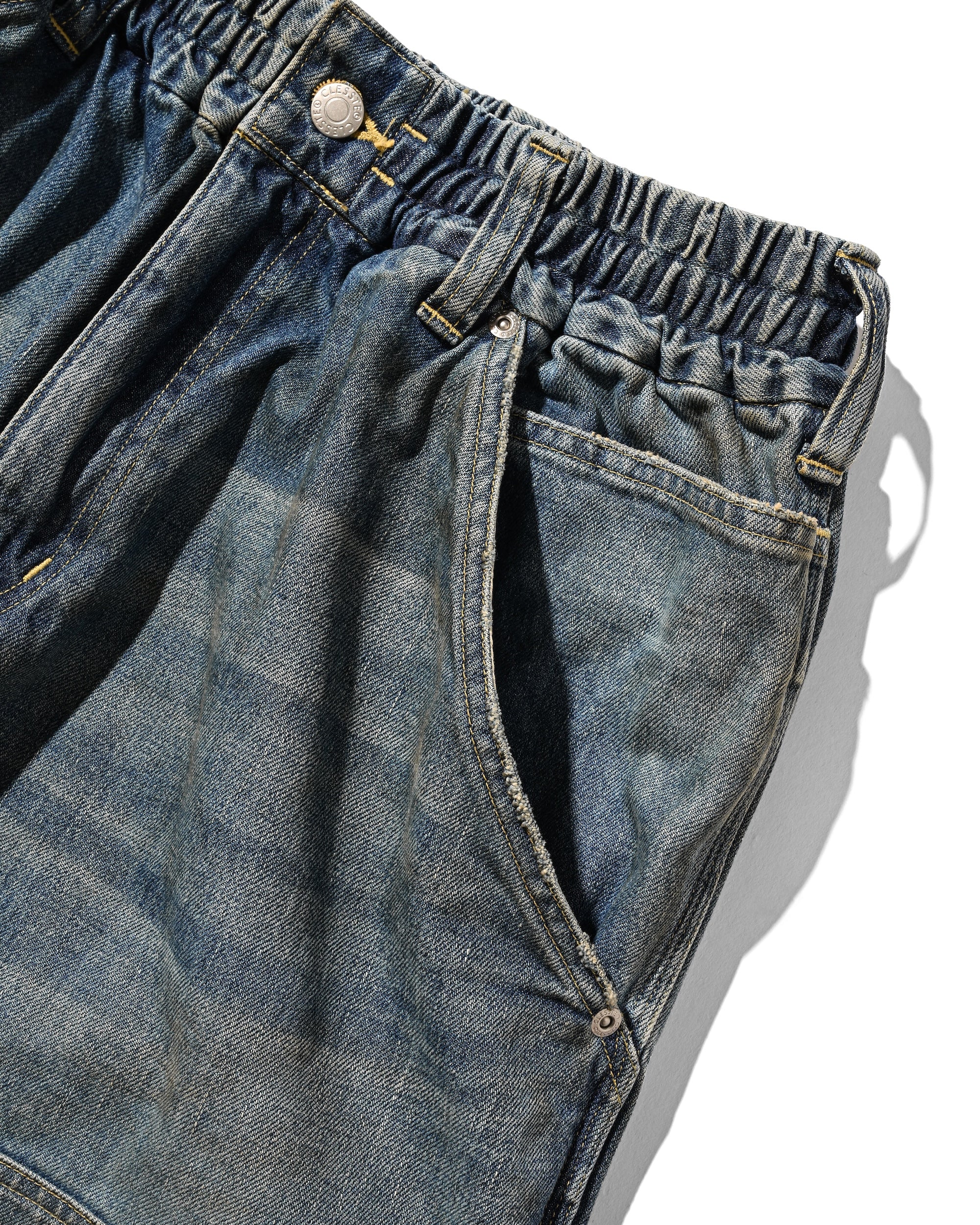 VINTAGE DYED SELVEDGE DENIM DOUBLE KNEE CURVED WORKER PANTS (VINTAGE LIGHT INDIGO)