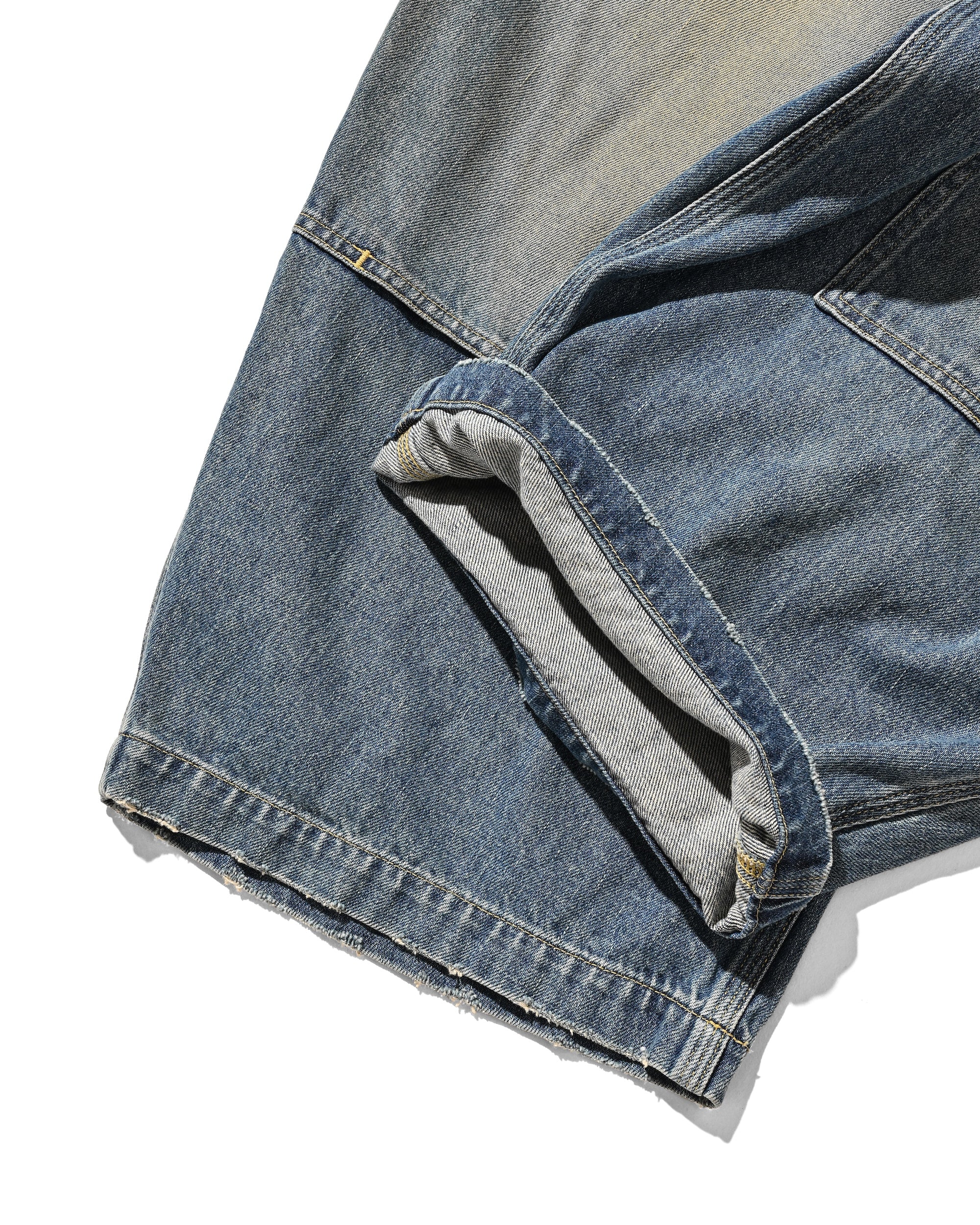 VINTAGE DYED SELVEDGE DENIM DOUBLE KNEE CURVED WORKER PANTS (VINTAGE LIGHT INDIGO)