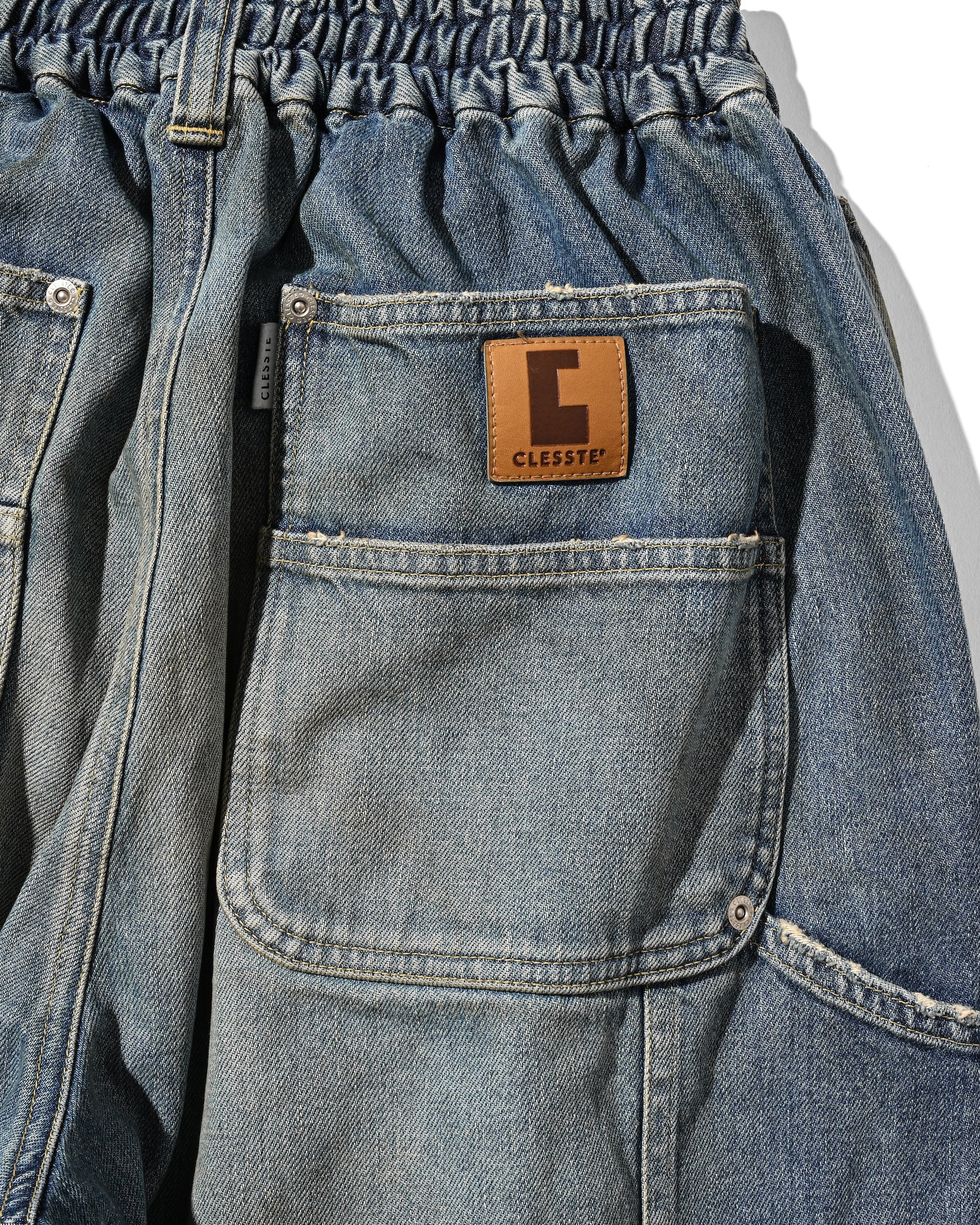 VINTAGE DYED SELVEDGE DENIM DOUBLE KNEE CURVED WORKER PANTS (VINTAGE LIGHT INDIGO)