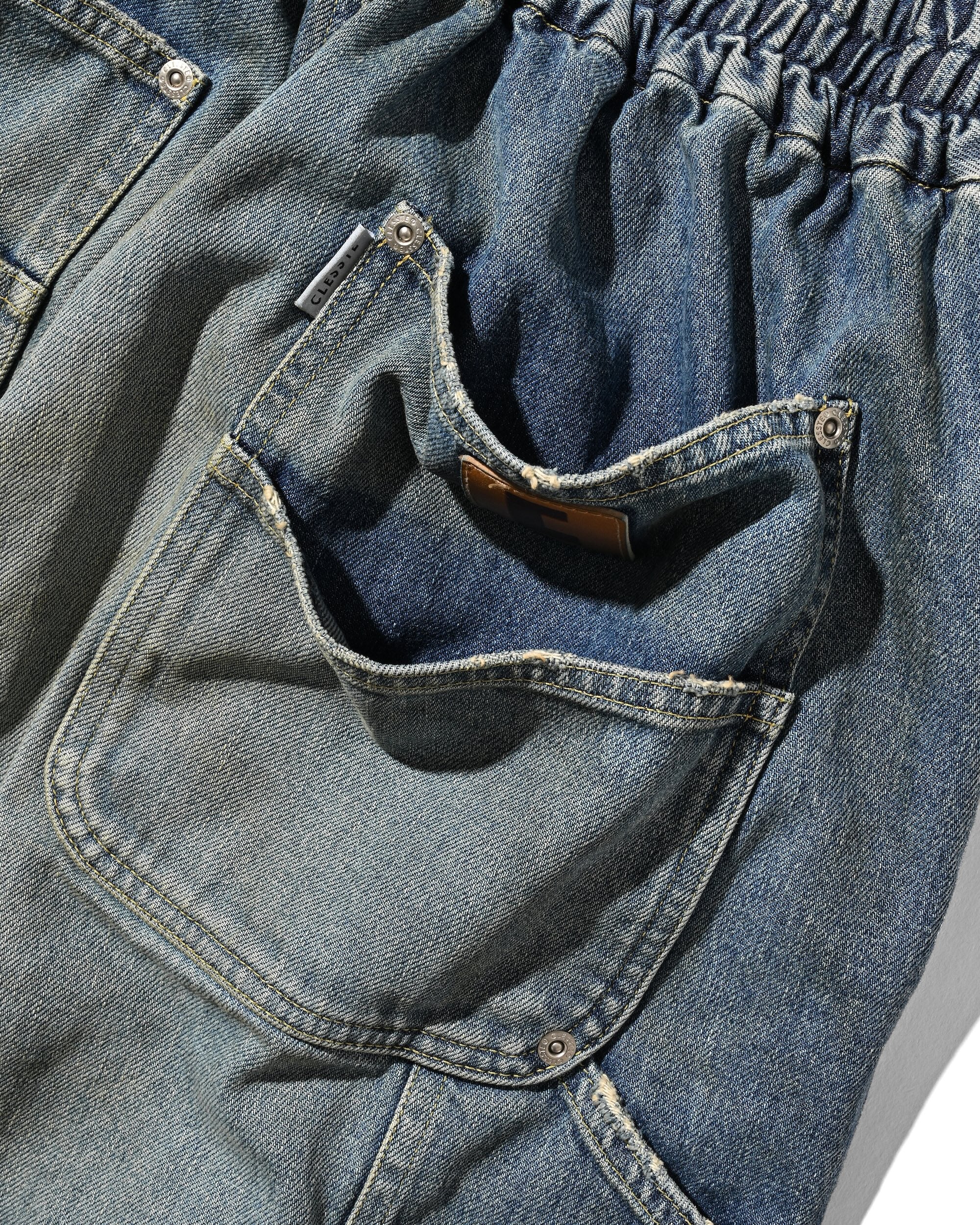 VINTAGE DYED SELVEDGE DENIM DOUBLE KNEE CURVED WORKER PANTS (VINTAGE LIGHT INDIGO)
