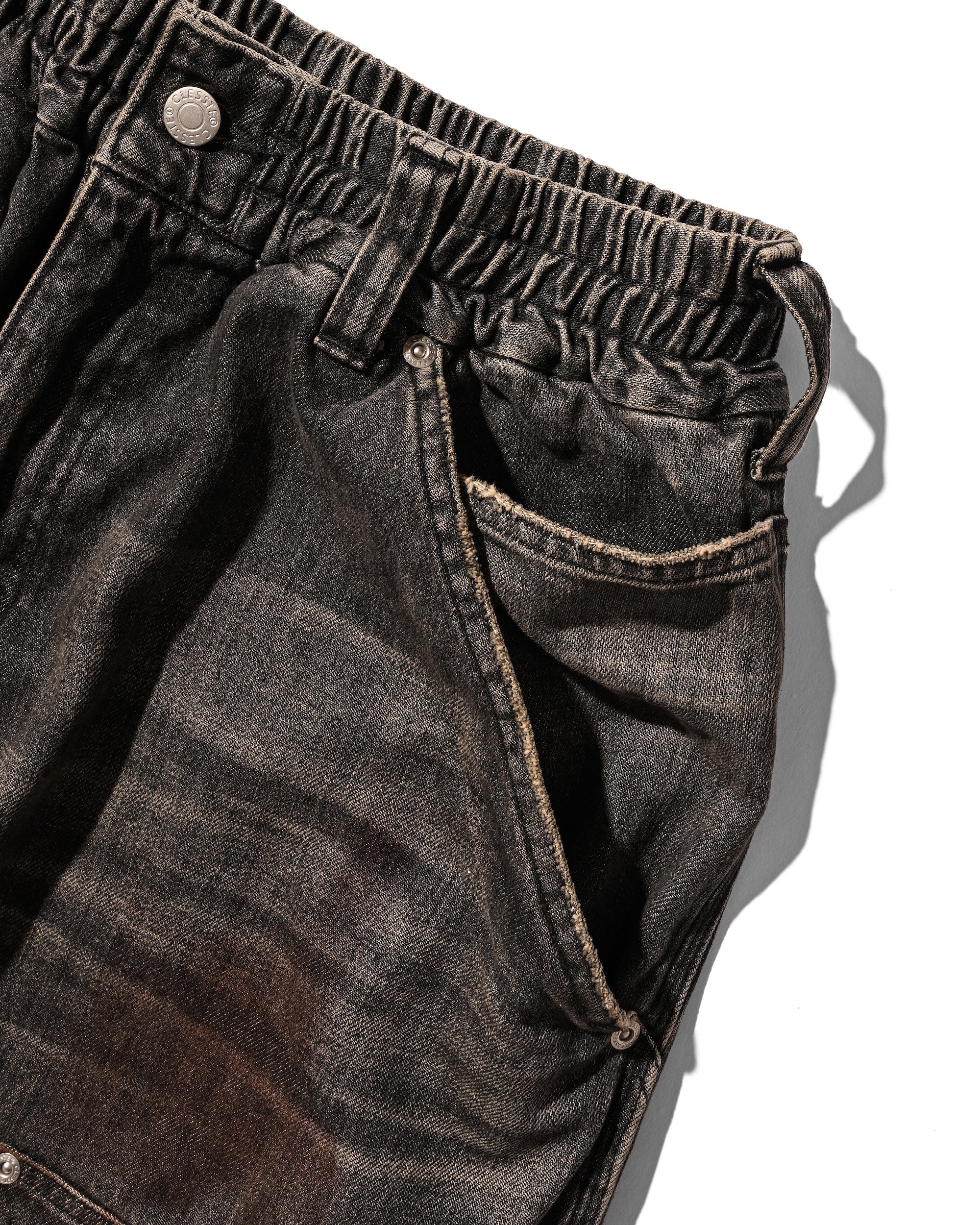 VINTAGE DYED SELVEDGE DENIM DOUBLE KNEE CURVED WORKER PANTS (VINTAGE BLACK)