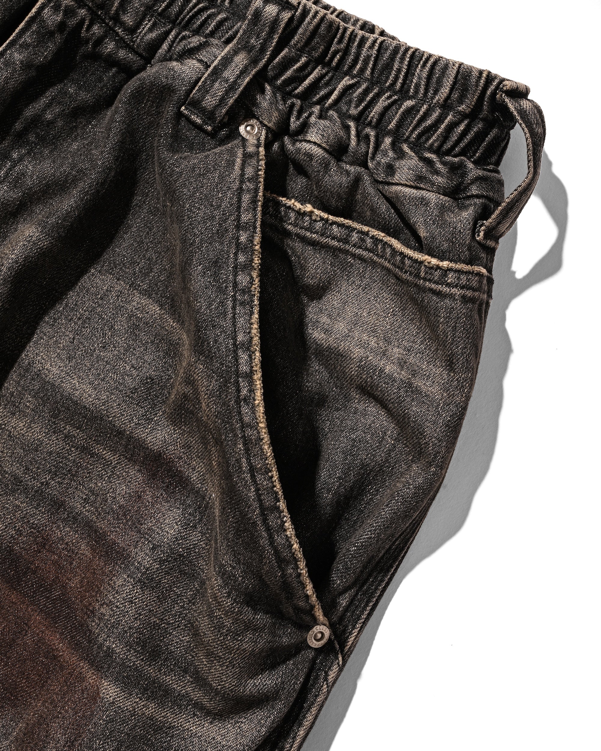 VINTAGE DYED SELVEDGE DENIM DOUBLE KNEE CURVED WORKER PANTS (VINTAGE BLACK)