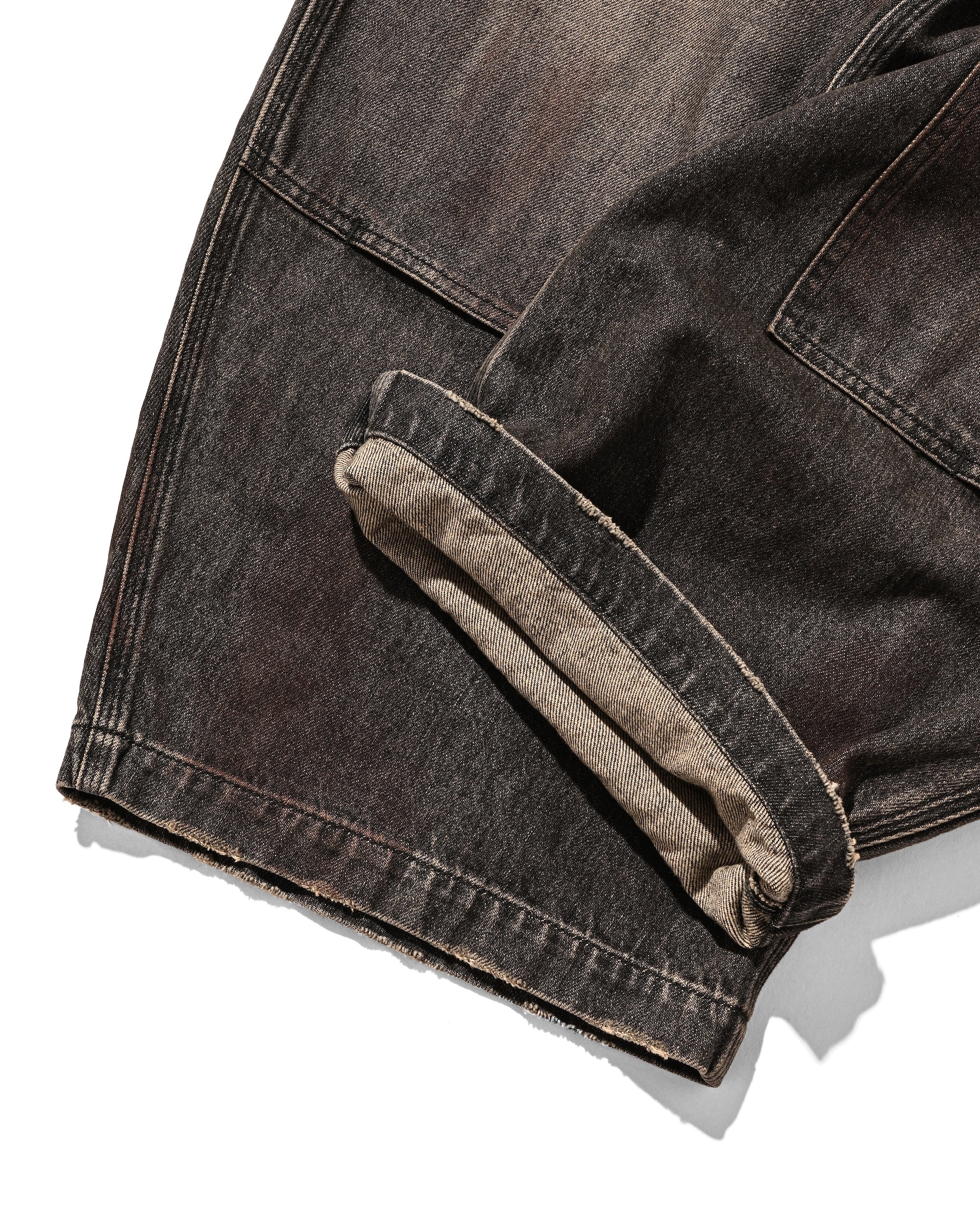VINTAGE DYED SELVEDGE DENIM DOUBLE KNEE CURVED WORKER PANTS (VINTAGE BLACK)