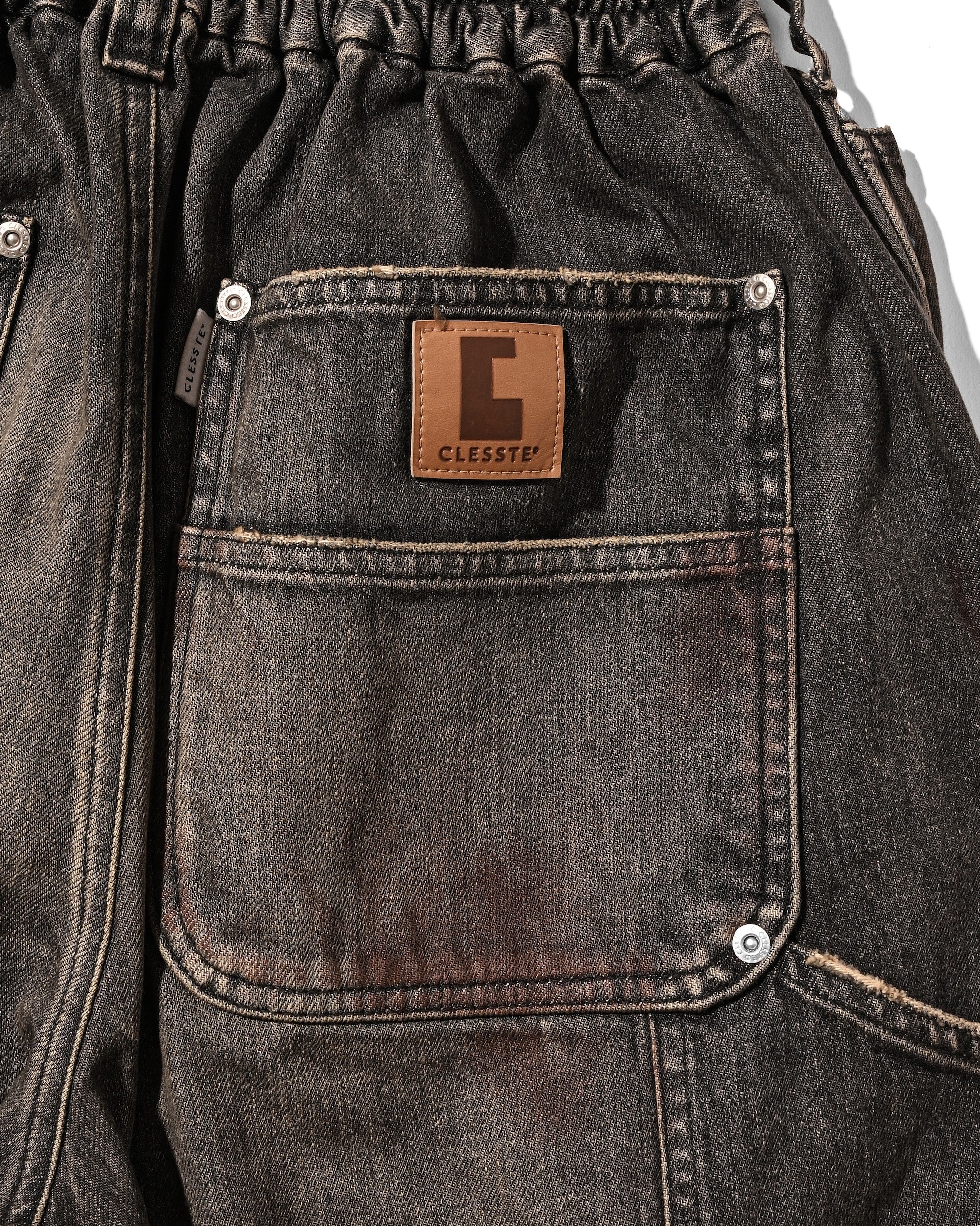 VINTAGE DYED SELVEDGE DENIM DOUBLE KNEE CURVED WORKER PANTS (VINTAGE BLACK)
