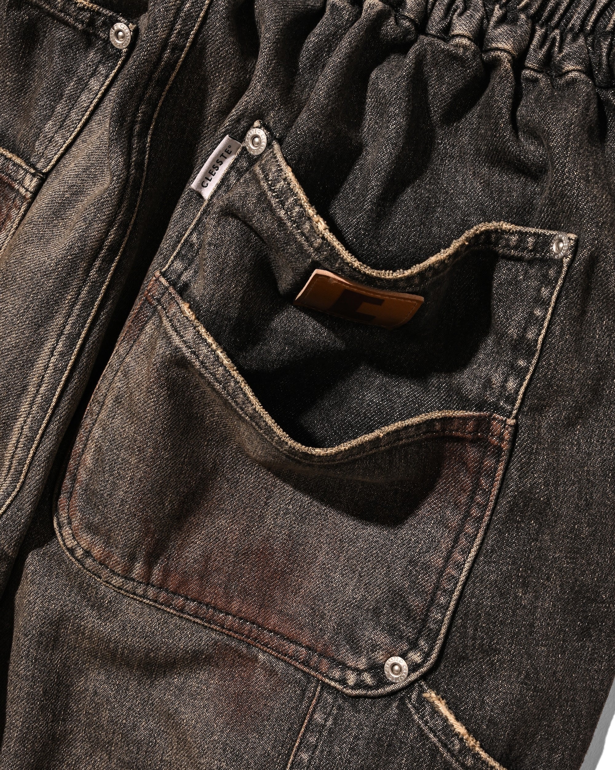 VINTAGE DYED SELVEDGE DENIM DOUBLE KNEE CURVED WORKER PANTS (VINTAGE B