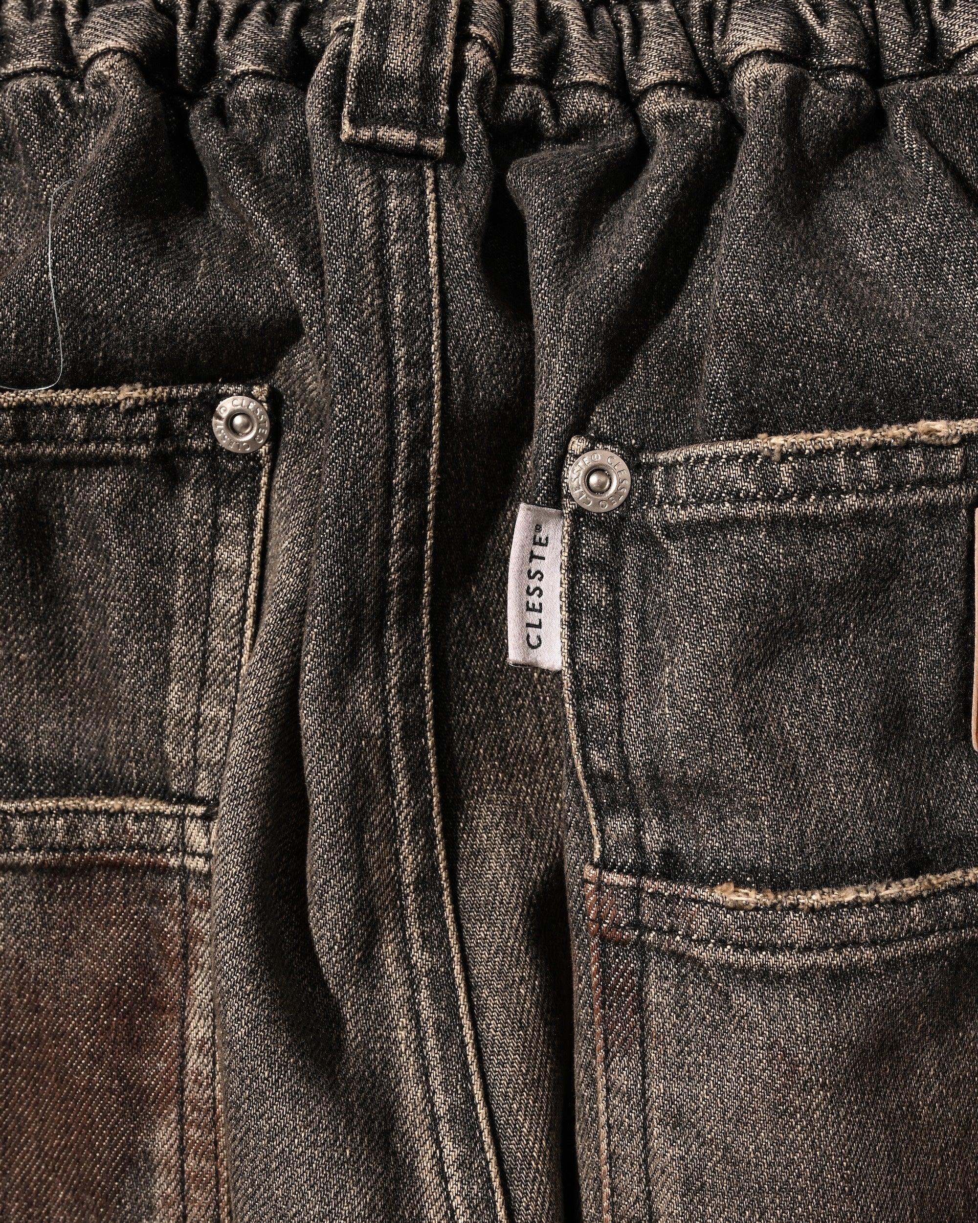 VINTAGE DYED SELVEDGE DENIM DOUBLE KNEE CURVED WORKER PANTS (VINTAGE BLACK)