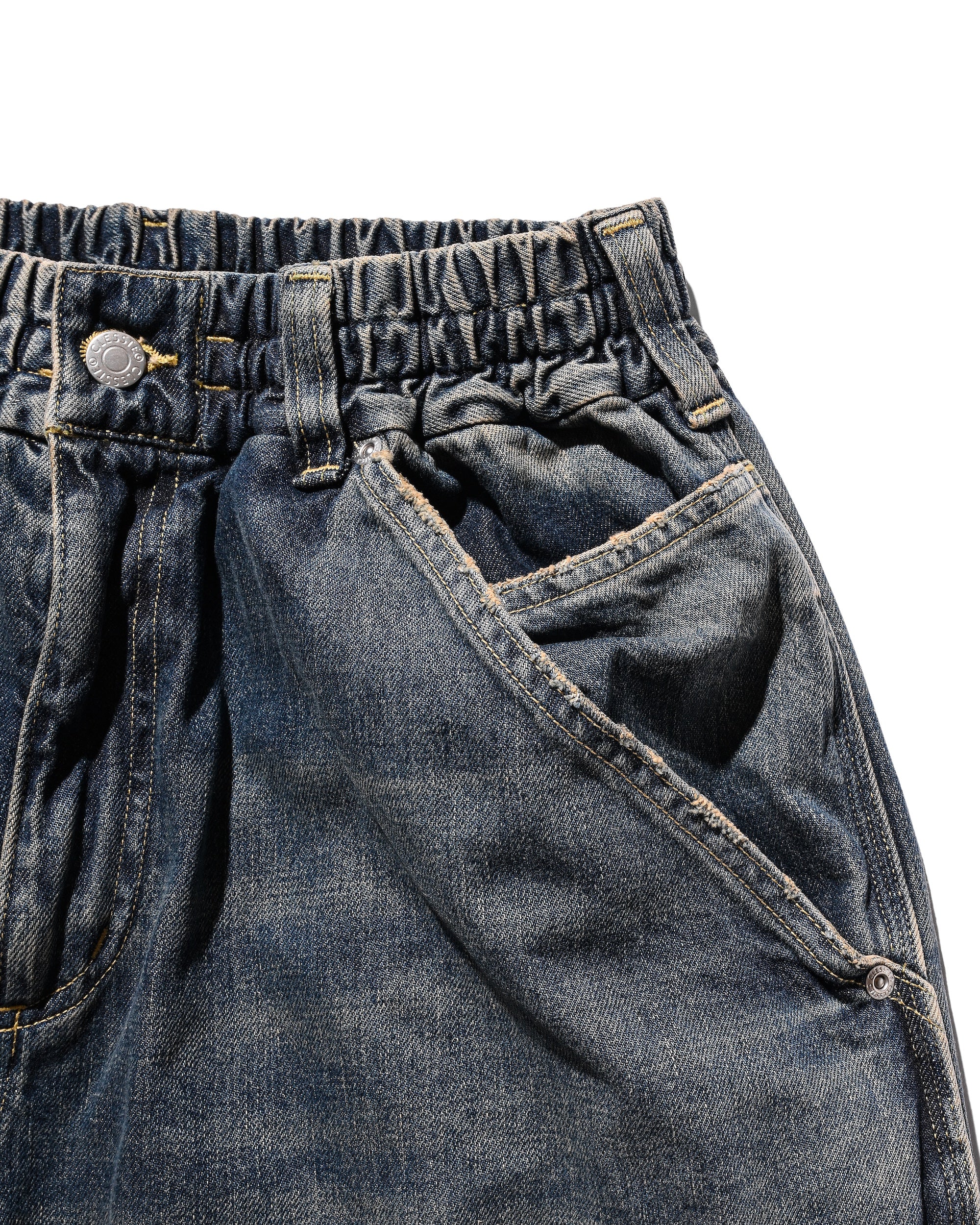 VINTAGE DYED SELVEDGE DENIM DOUBLE KNEE CURVED WORKER PANTS (VINTAGE I