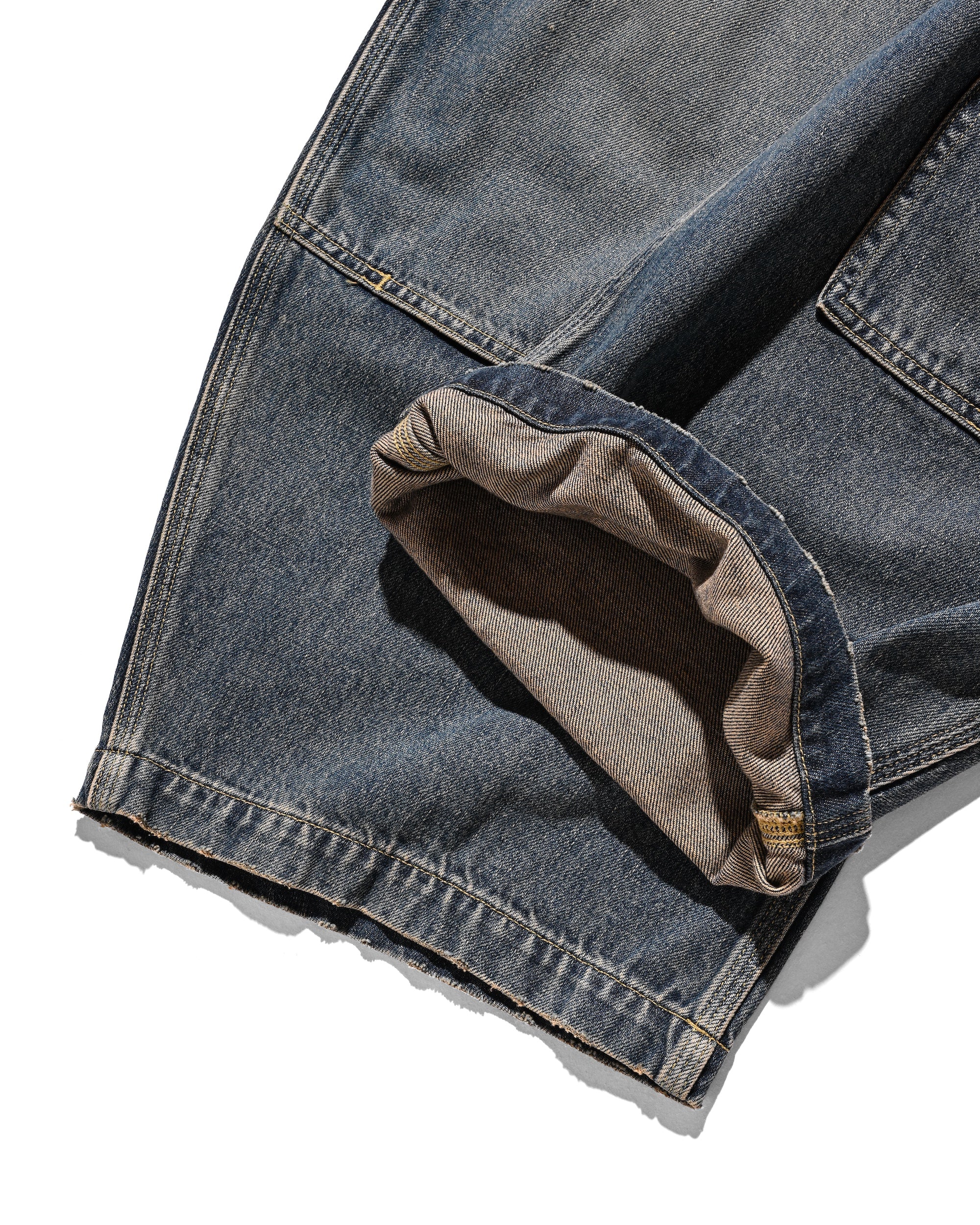 VINTAGE DYED SELVEDGE DENIM DOUBLE KNEE CURVED WORKER PANTS (VINTAGE INDIGO)