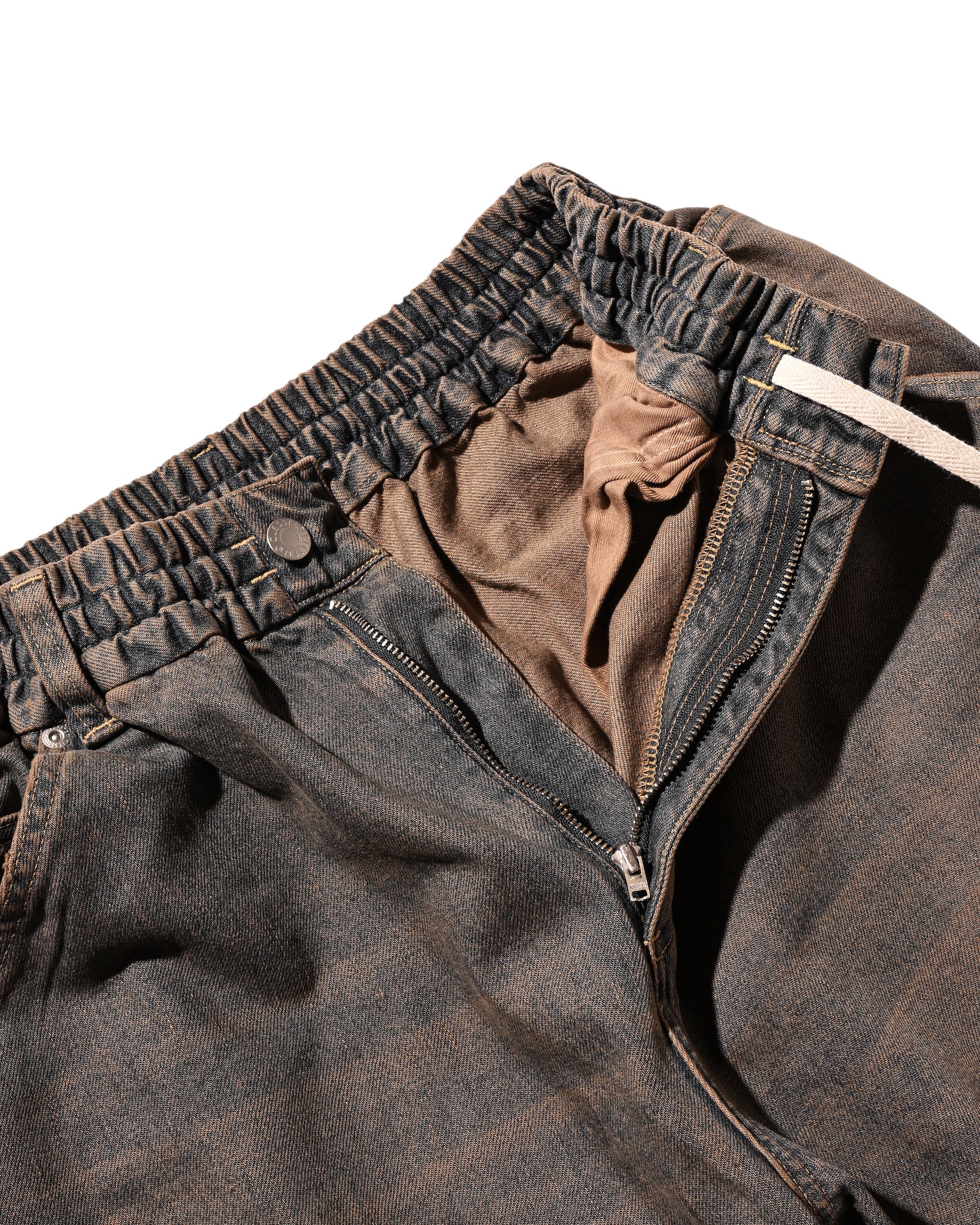 VINTAGE DYED SELVEDGE DENIM DOUBLE KNEE CURVED WORKER PANTS (VINTAGE BROWN)