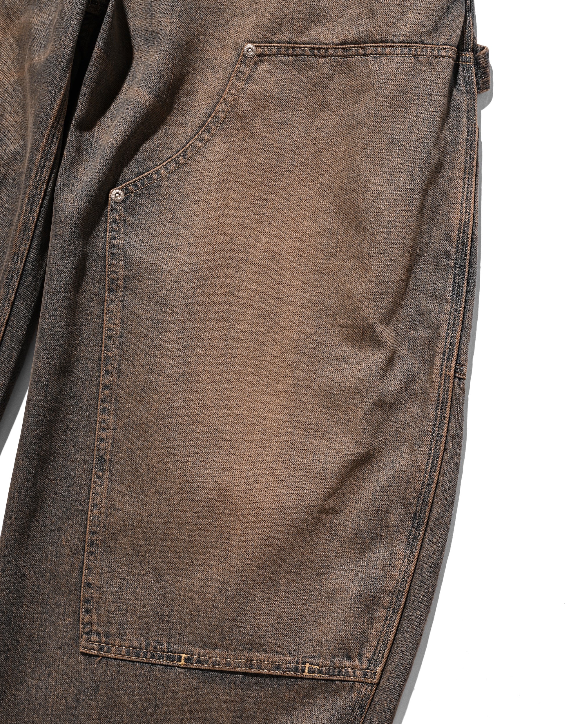 VINTAGE DYED SELVEDGE DENIM DOUBLE KNEE CURVED WORKER PANTS (VINTAGE BROWN)