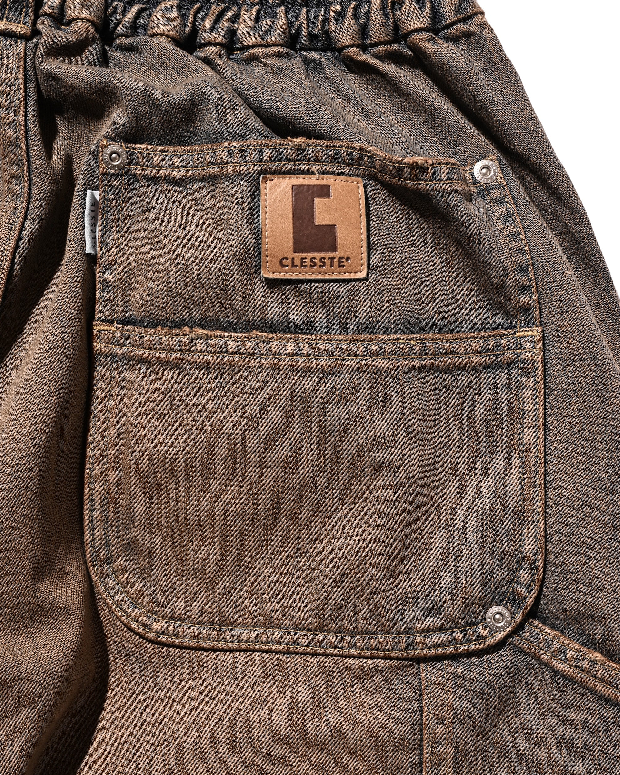 VINTAGE DYED SELVEDGE DENIM DOUBLE KNEE CURVED WORKER PANTS (VINTAGE BROWN)