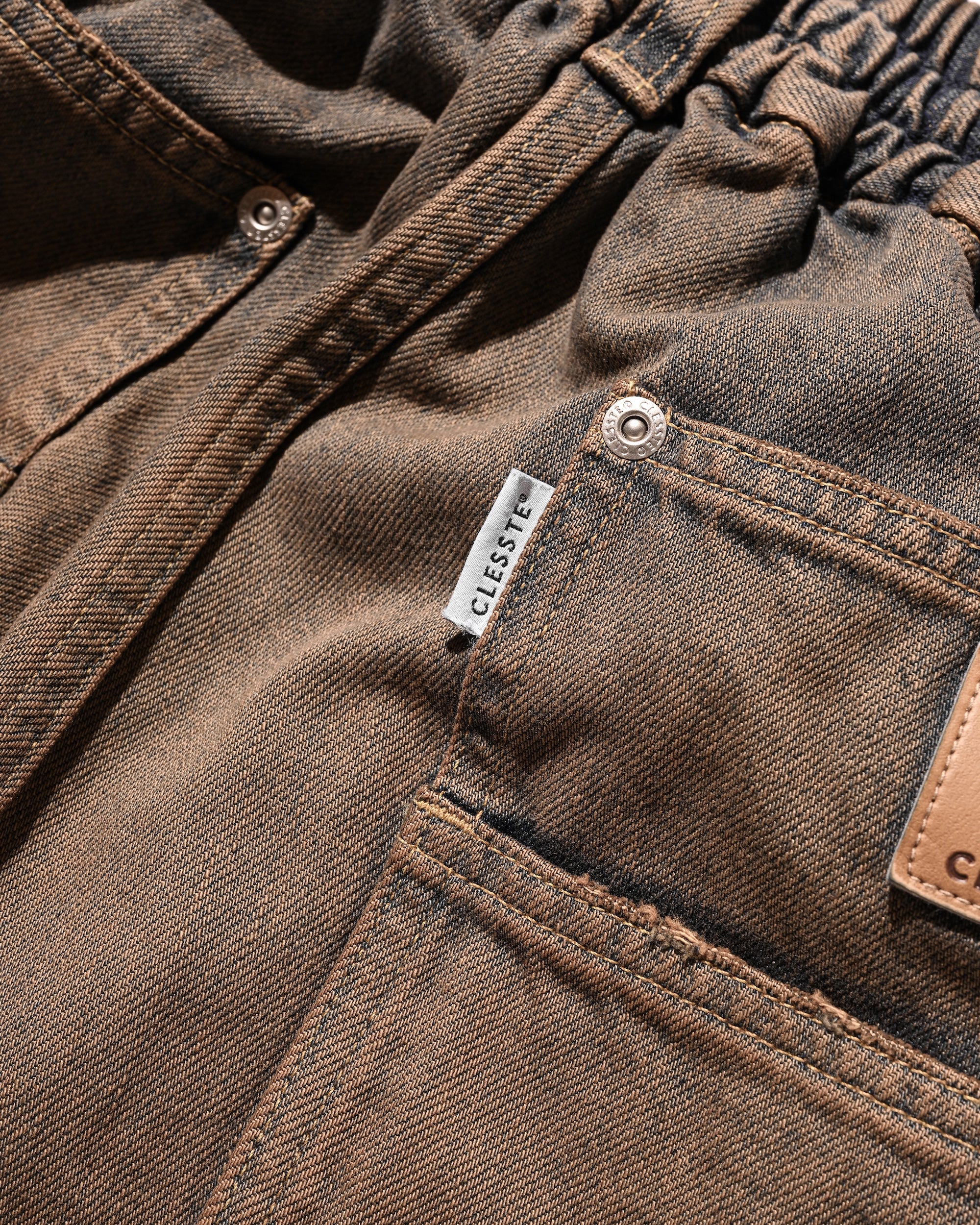 VINTAGE DYED SELVEDGE DENIM DOUBLE KNEE CURVED WORKER PANTS (VINTAGE BROWN)