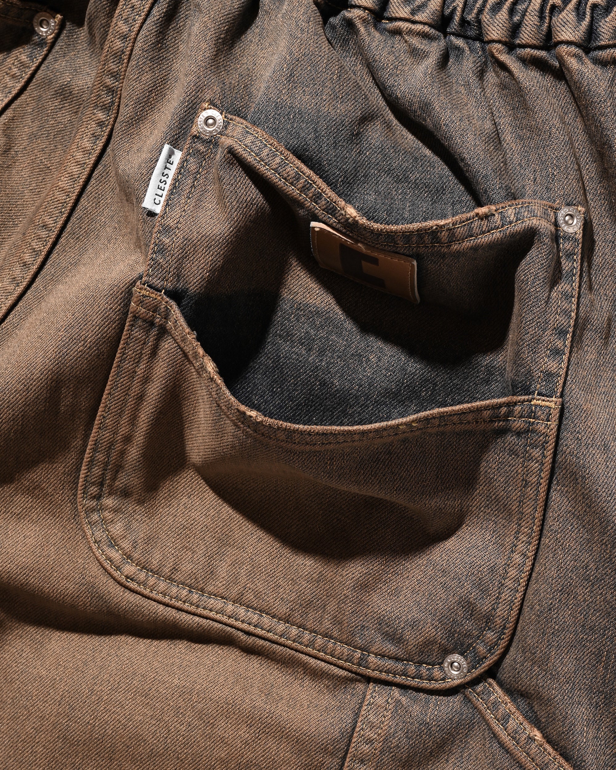 VINTAGE DYED SELVEDGE DENIM DOUBLE KNEE CURVED WORKER PANTS (VINTAGE BROWN)