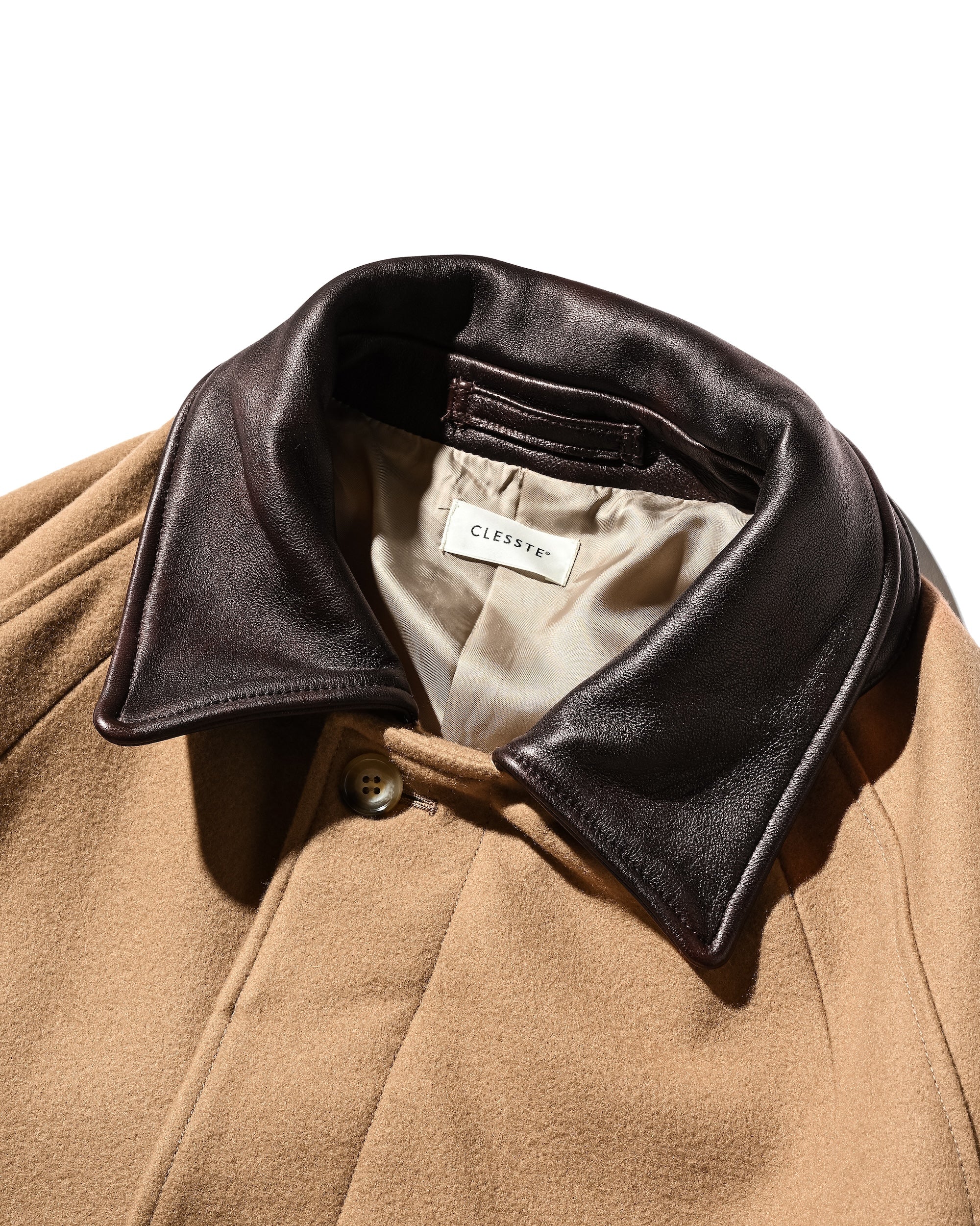 【12.10 WED 20:00- IN STOCK】LEATHER COLLAR WOOL MELTON BALMACAAN COAT (CAMEL)