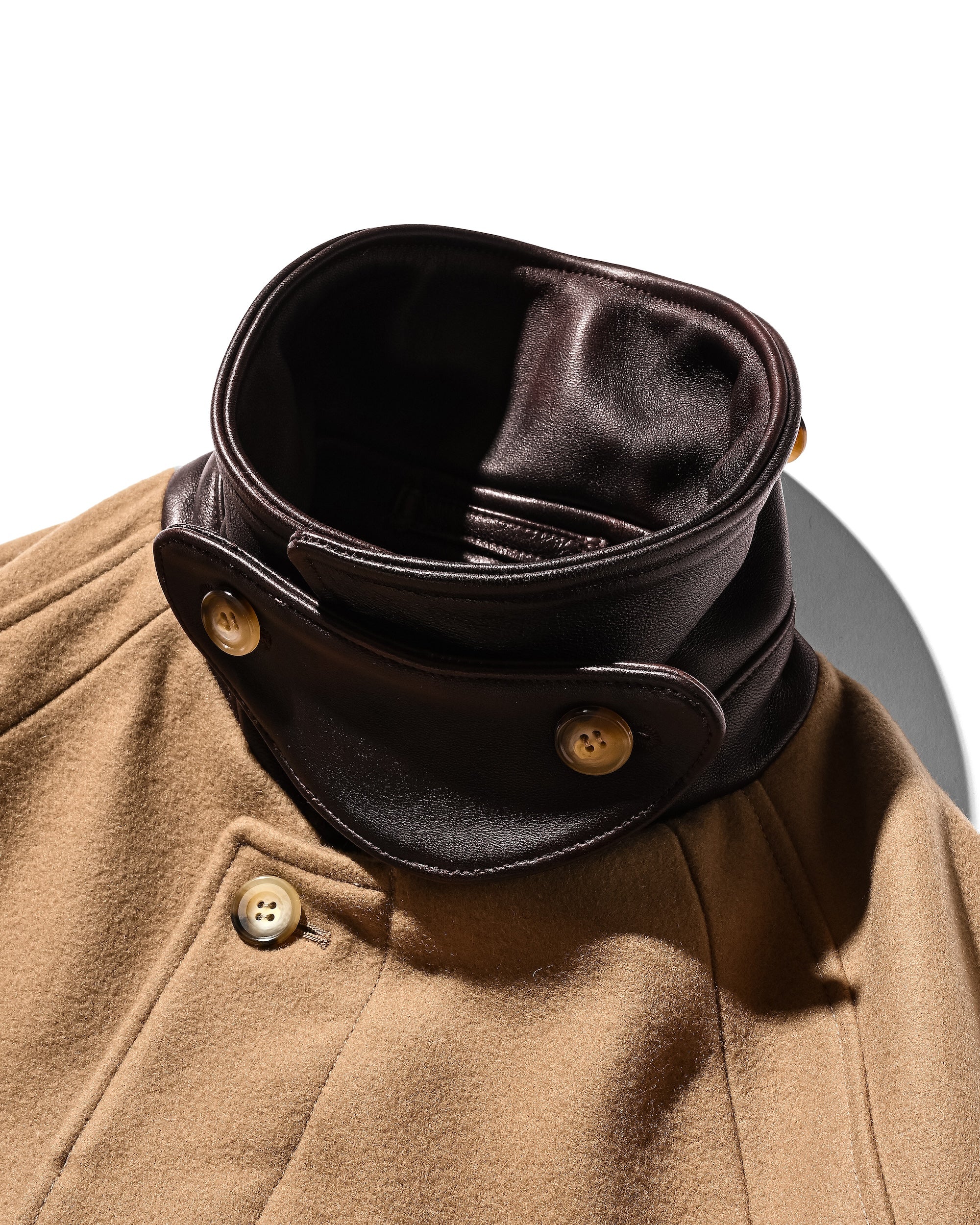 【12.10 WED 20:00- IN STOCK】LEATHER COLLAR WOOL MELTON BALMACAAN COAT (CAMEL)