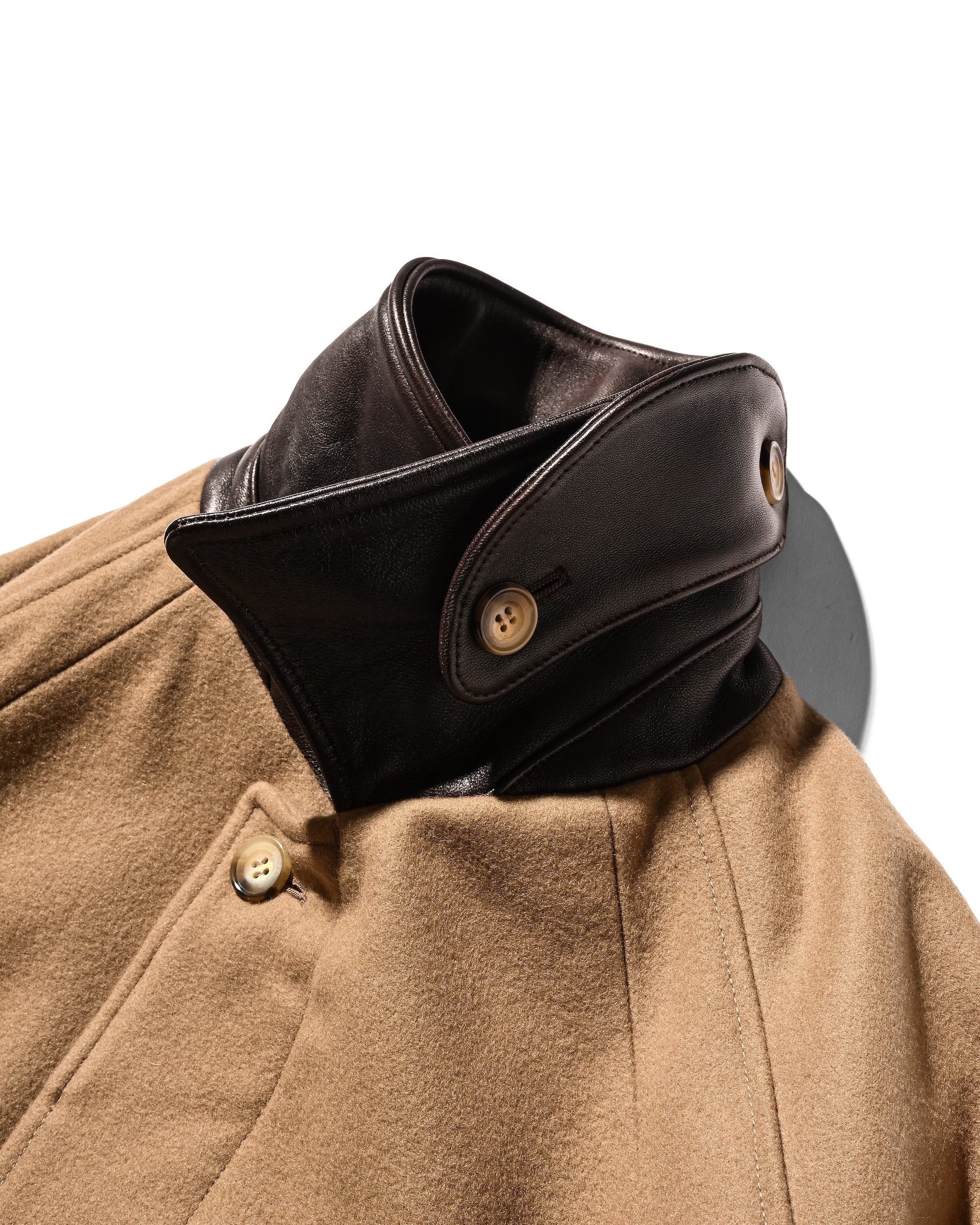 【12.10 WED 20:00- IN STOCK】LEATHER COLLAR WOOL MELTON BALMACAAN COAT (CAMEL)