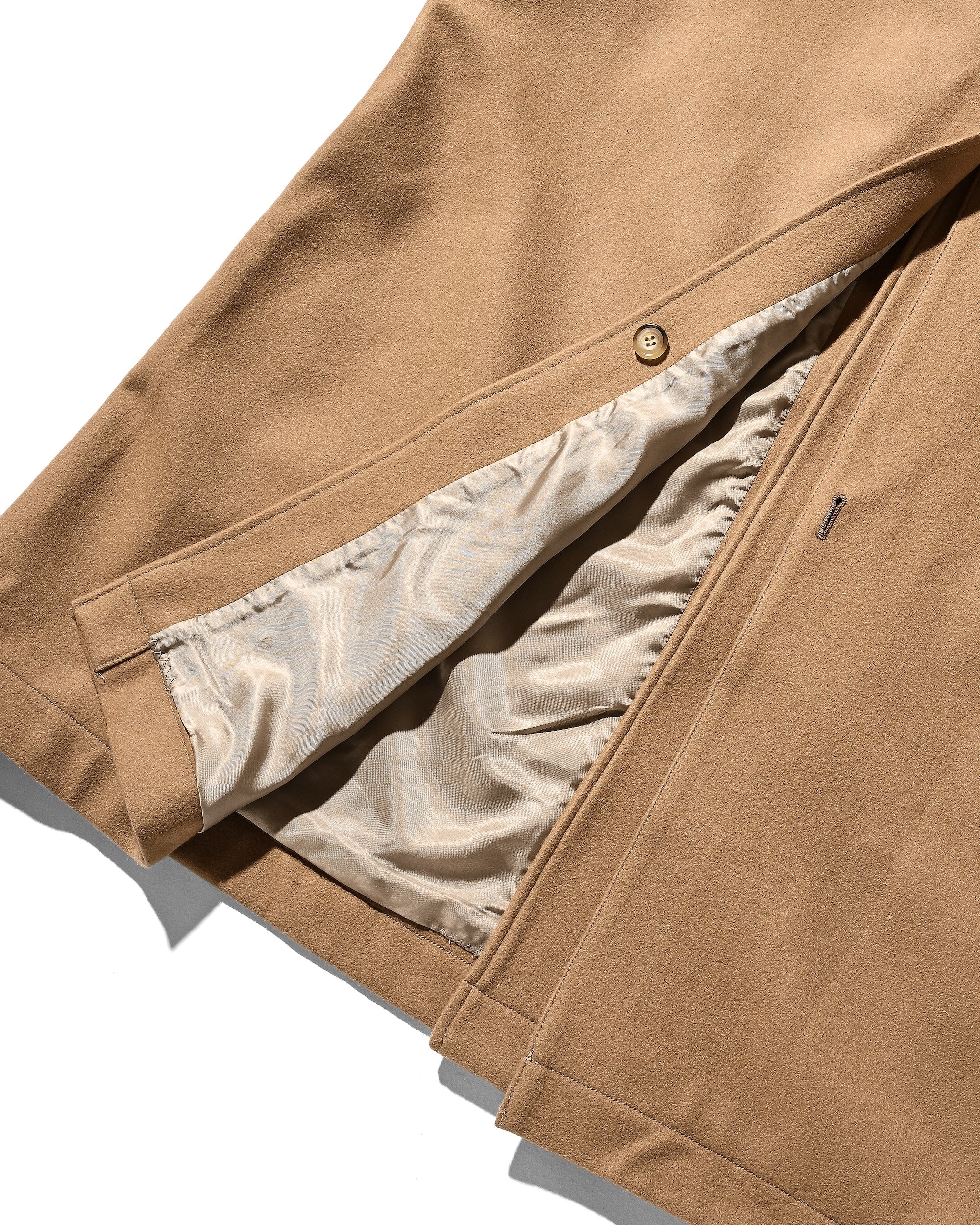 【12.10 WED 20:00- IN STOCK】LEATHER COLLAR WOOL MELTON BALMACAAN COAT (CAMEL)