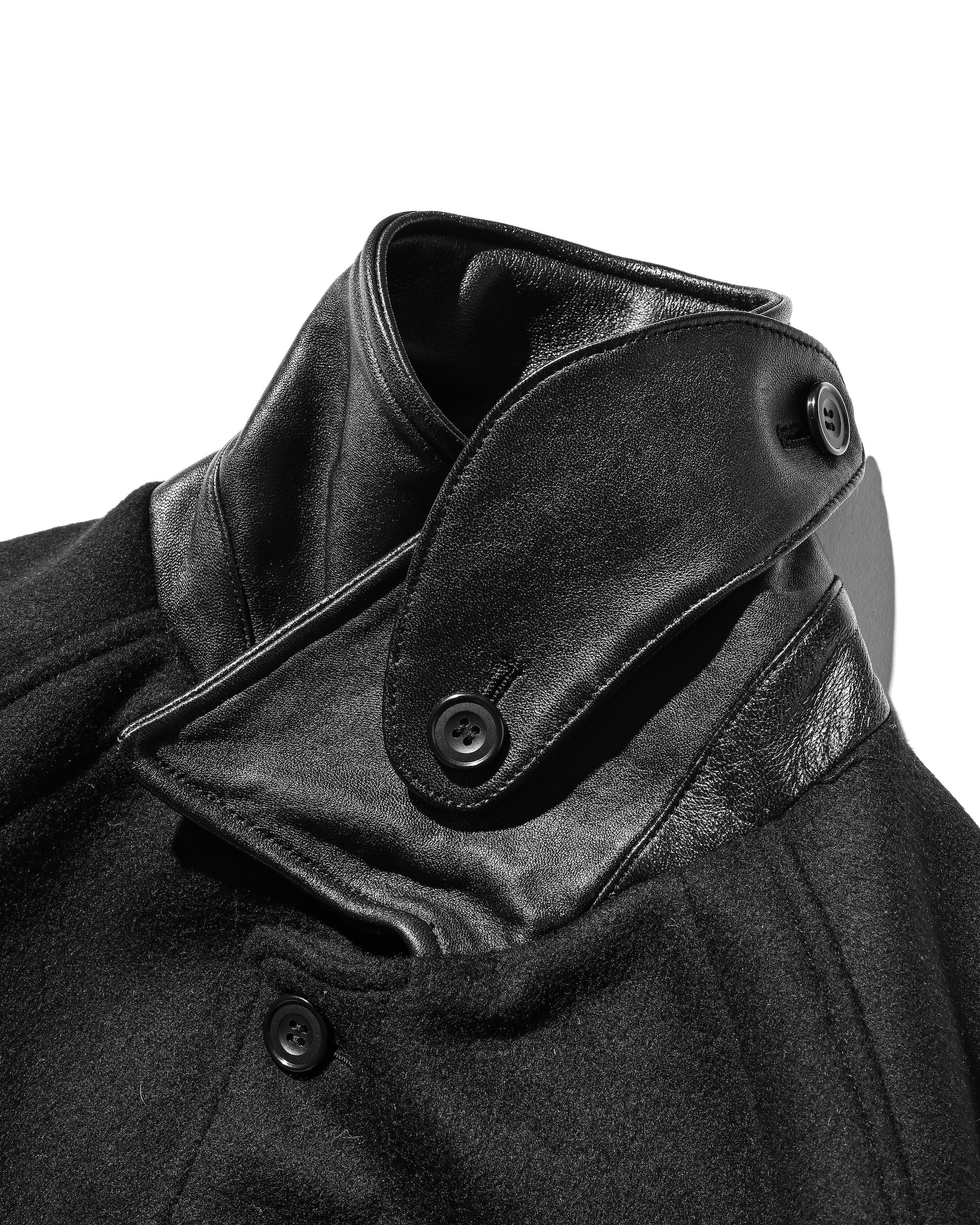 LEATHER COLLAR WOOL MELTON BALMACAAN COAT (BLACK)