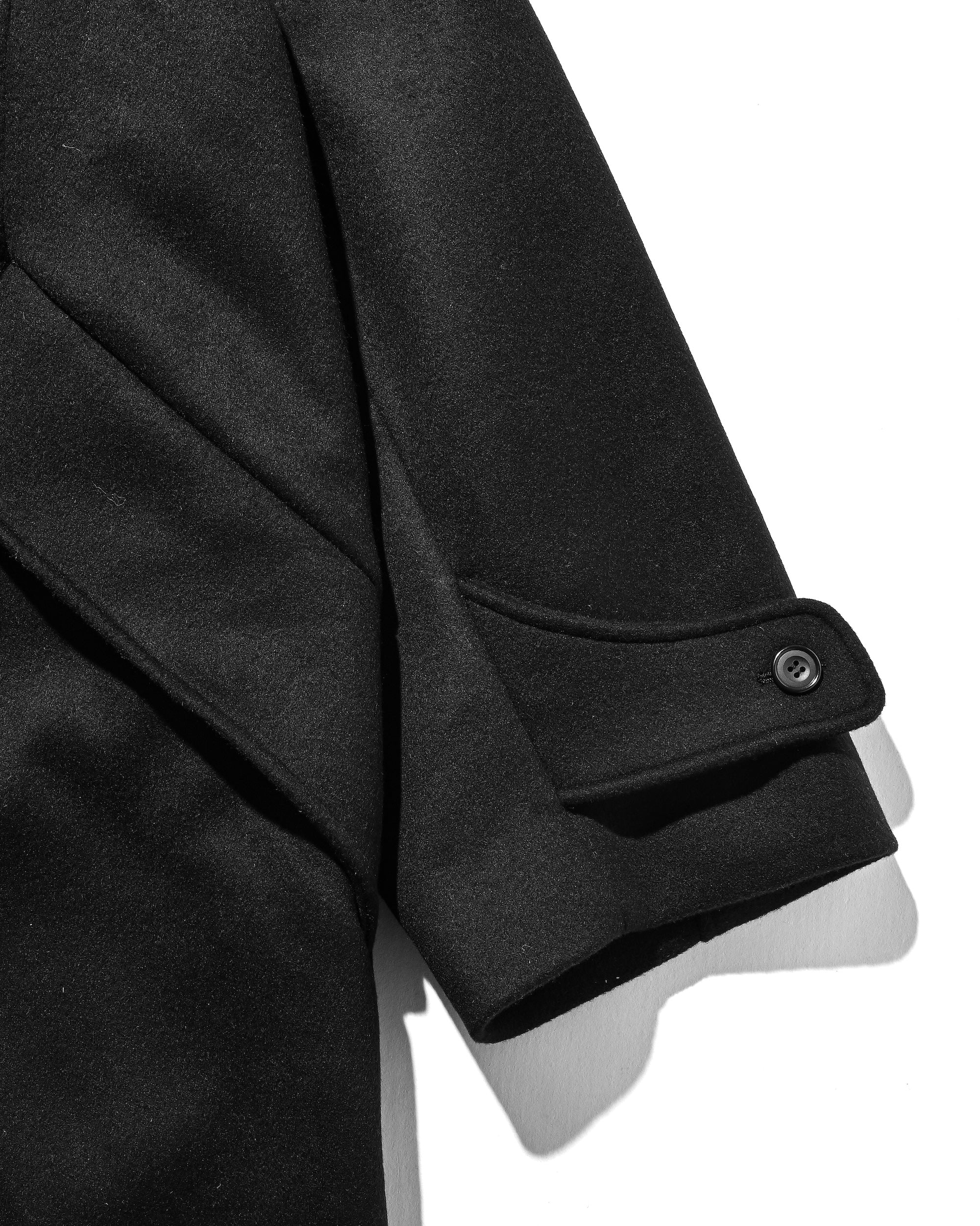 LEATHER COLLAR WOOL MELTON BALMACAAN COAT (BLACK)