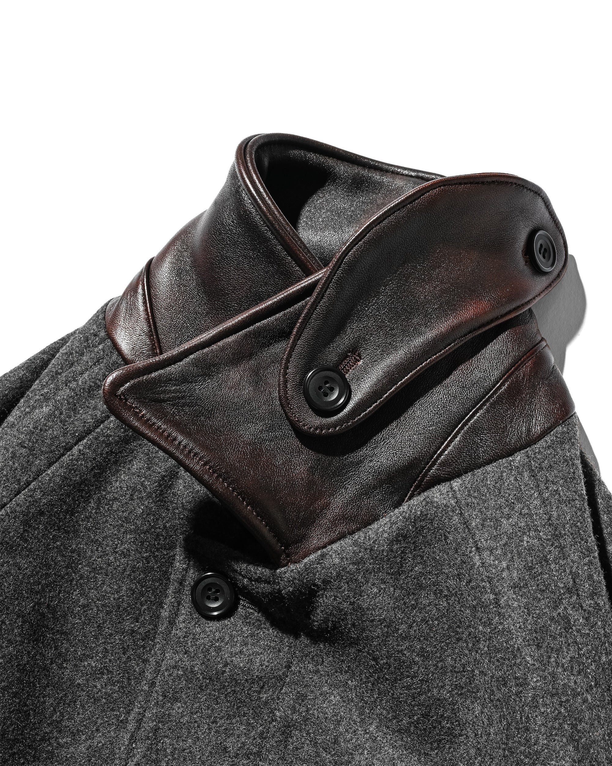 LEATHER COLLAR WOOL MELTON BALMACAAN COAT (GRAY)